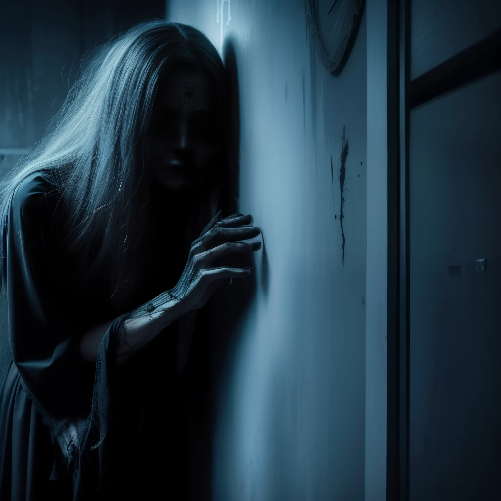 arafed woman in a black dress leaning against a wall, eerie person, horror photo, scaring, scary photo, scary pose, scary picture, horror photography, scary ghost, sinister photo, creating an ominous presence, very scary photo, shadowy and eerie character, horror image, spiritual eerie creepy picture, film still from a horror movie, still from horror movie