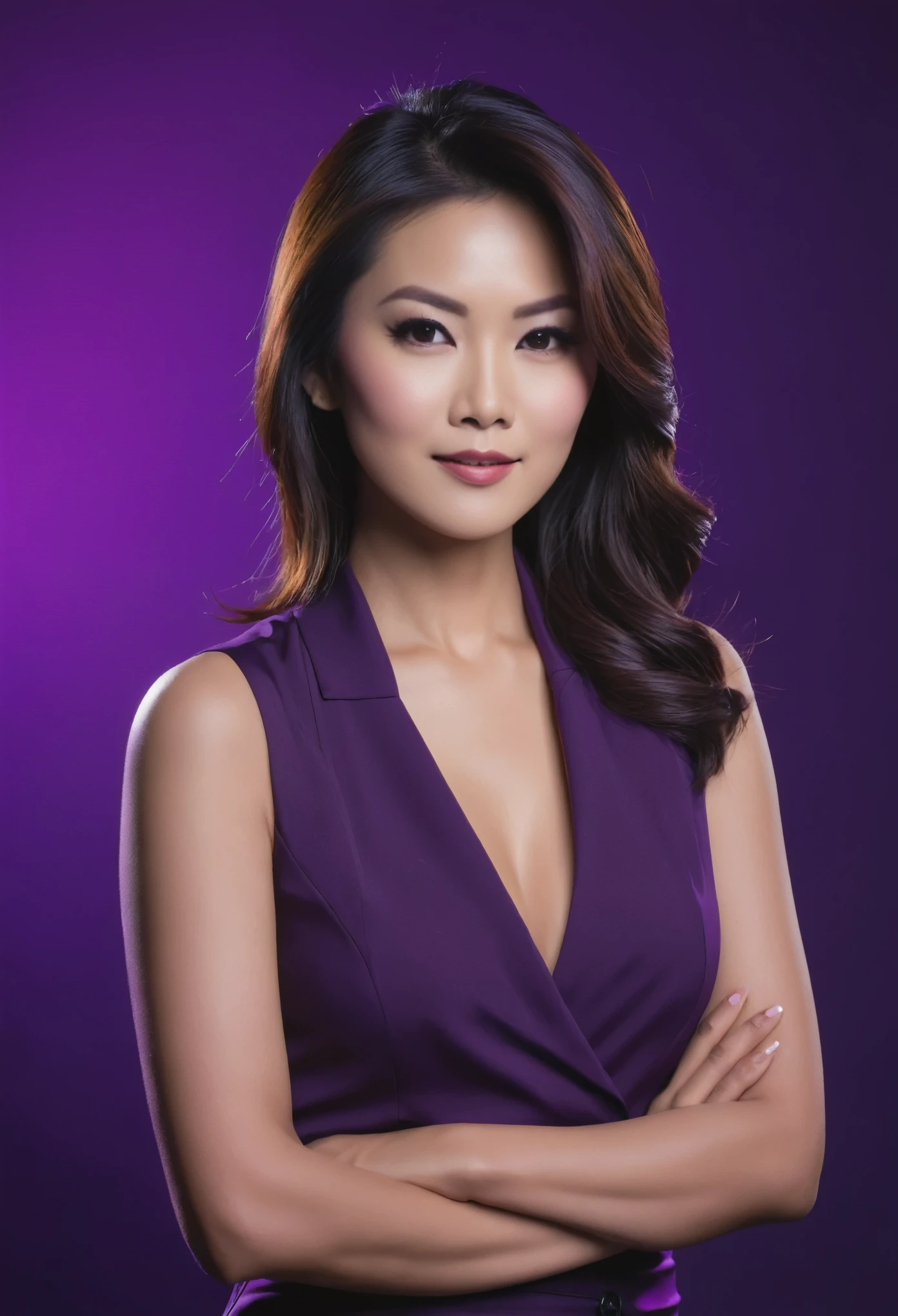 asian sexy female news anchor, flirty, dark purple background, dramatic studio lighting, dynamic pose