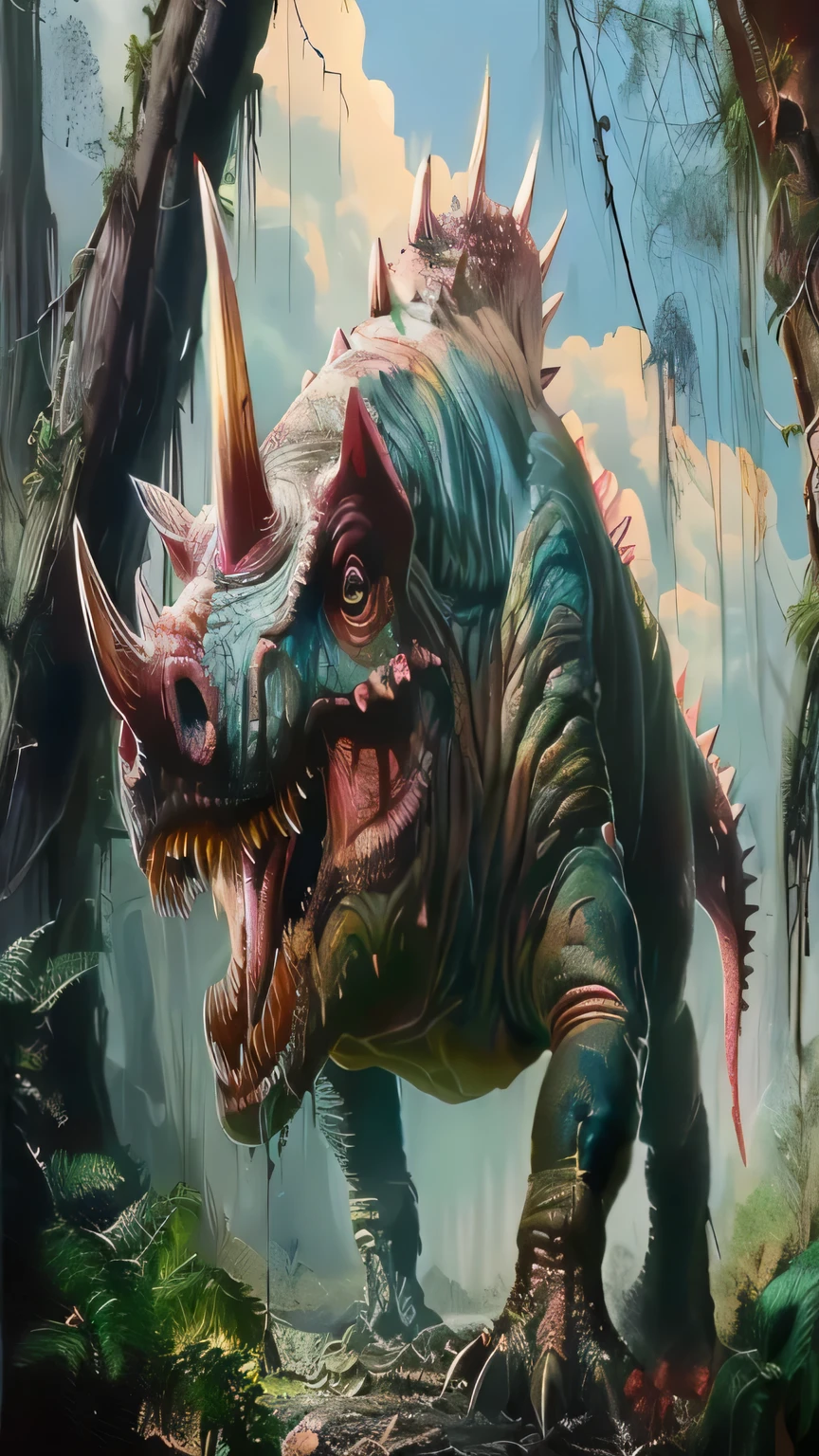 Dinosaur painting in forest with sky background, triceratops, carnivore dinosaur, Digital painting is very detailed, Highly detailed digital painting, author:Ivan Mestrovich, inspired author:Bob Eggleton, author:Bob Eggleton, author:Sava Sumanovich, Very detailed figures, Surrealism & d fantasy art, author:Arthur Penn