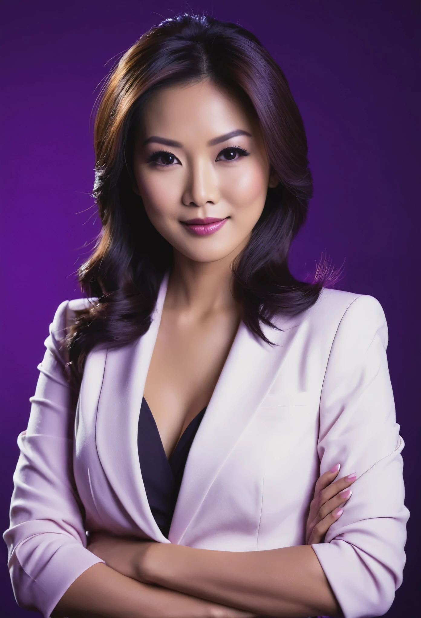 asian sexy female news anchor, flirty, dark purple background, dramatic studio lighting, dynamic pose