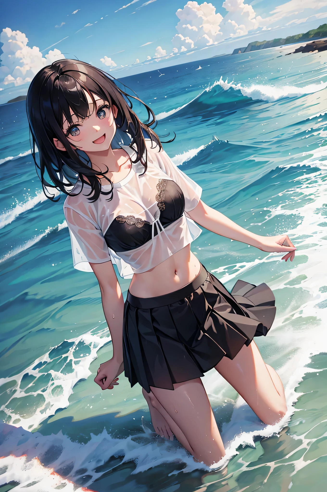 masutepiece, Best Quality,Illustration, Wallpaper, Ultra Detail, absurderes, 1girl in, Solo, (Medium short hair、short braided hair), Beautiful detailed eyes, beautiful detailed fingers,with blush cheeks,after rain , (ocean type:1.3), Night sky after rain, Hair that flutters in the wind,(a panoramic view:1.3),(Sense of depth:1.5),(longshot:1.3)、natta,(dark sky) ,(starrysky),White blouse, (shoulders can be seen:1.3), (Wet:1.2), (with thin ribbon), Short pleated skirt, (Flowing in the wind:1.3), (Light blue panties are visible:1.2), (Plaid), arms visible, clean breasts, I can see your elbow,thigh visible, buttocks visible, (Wet)