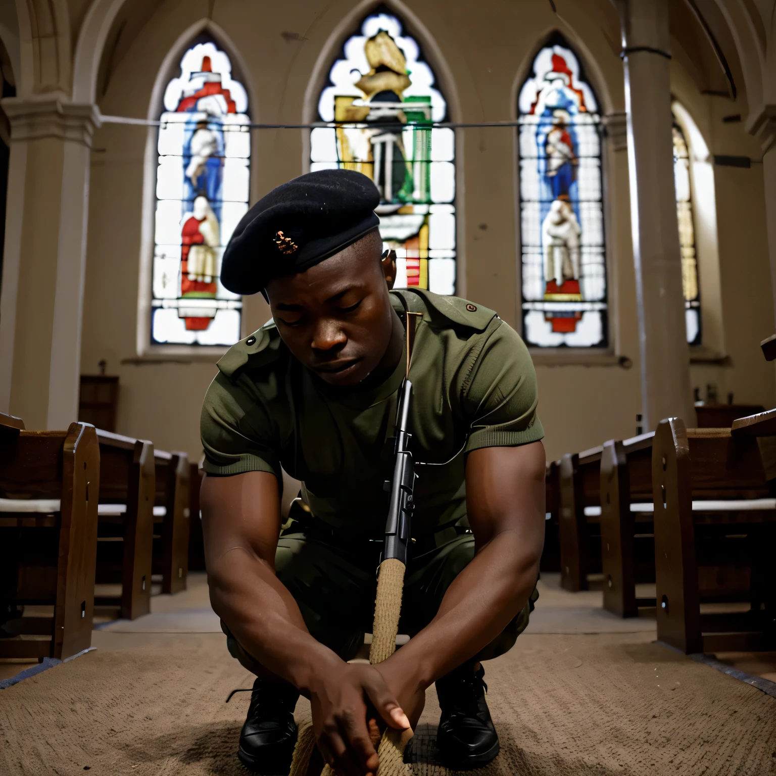 Image of a Nigerian soldier with his riffle knelling down in a church and praying before
