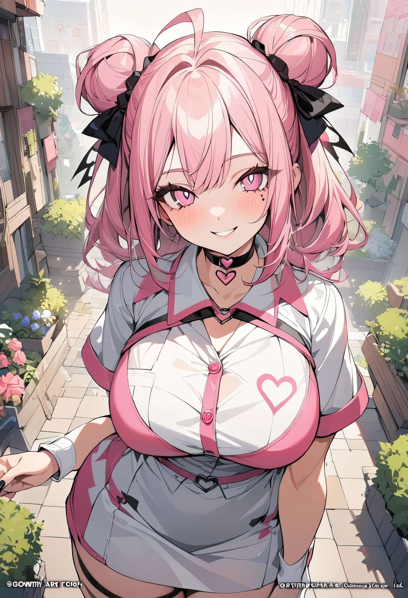 1 girl, pink long bun hair, heart shaped eyes, ♡, big breasts, nurse uniform, {girl with pink long bun hair named Nami}, (Pink eye color), {downtown}, (smile), bright background , mole under eye, heart shaped choker, (masterpiece, highest quality), very detailed, highest quality, official art, beautiful and aesthetic: 1.2), (1 girl), very detailed, (geometry art: 1.3), colorful, most detailed ?d1 girl, pink long bun hair, Eye of the symbol, +__+, big breasts, gothic costume, {A girl with long pink bun hair named Nami}, (Pink eye color), {downtown}, (smile), bright background, (garden,beautiful flower々),mole under eye, heart shaped choker, (masterpiece, highest quality), official art, beautiful and aesthetic: 1.2), (1 girl), very detailed, (geometry art: 1.3), colorful
