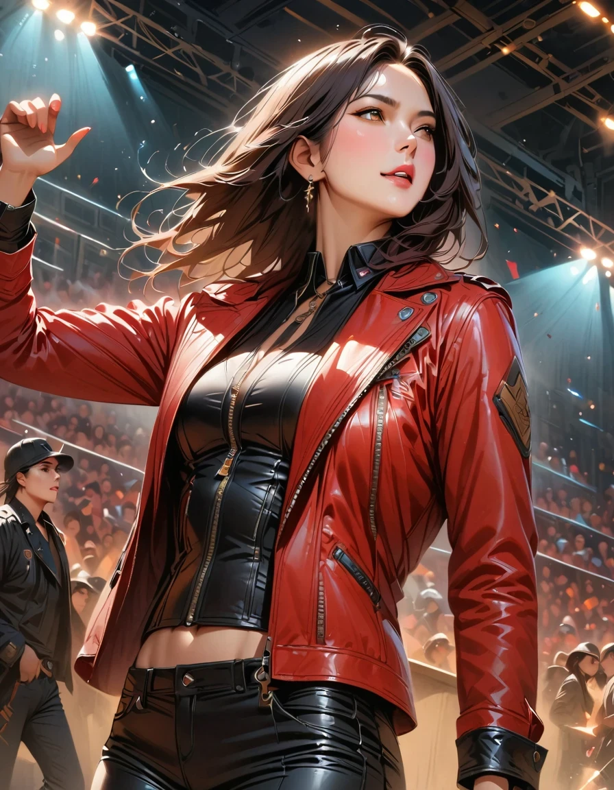 (best quality,4K,8K,high resolution,masterpiece:1.2), Super detailed, (actual,photoactual,photo-actual:1.37),rock star,singer,Black tight military uniform,golden accents,Moonwalk,hysterical singing,Stage lighting,rebels,dystopian art