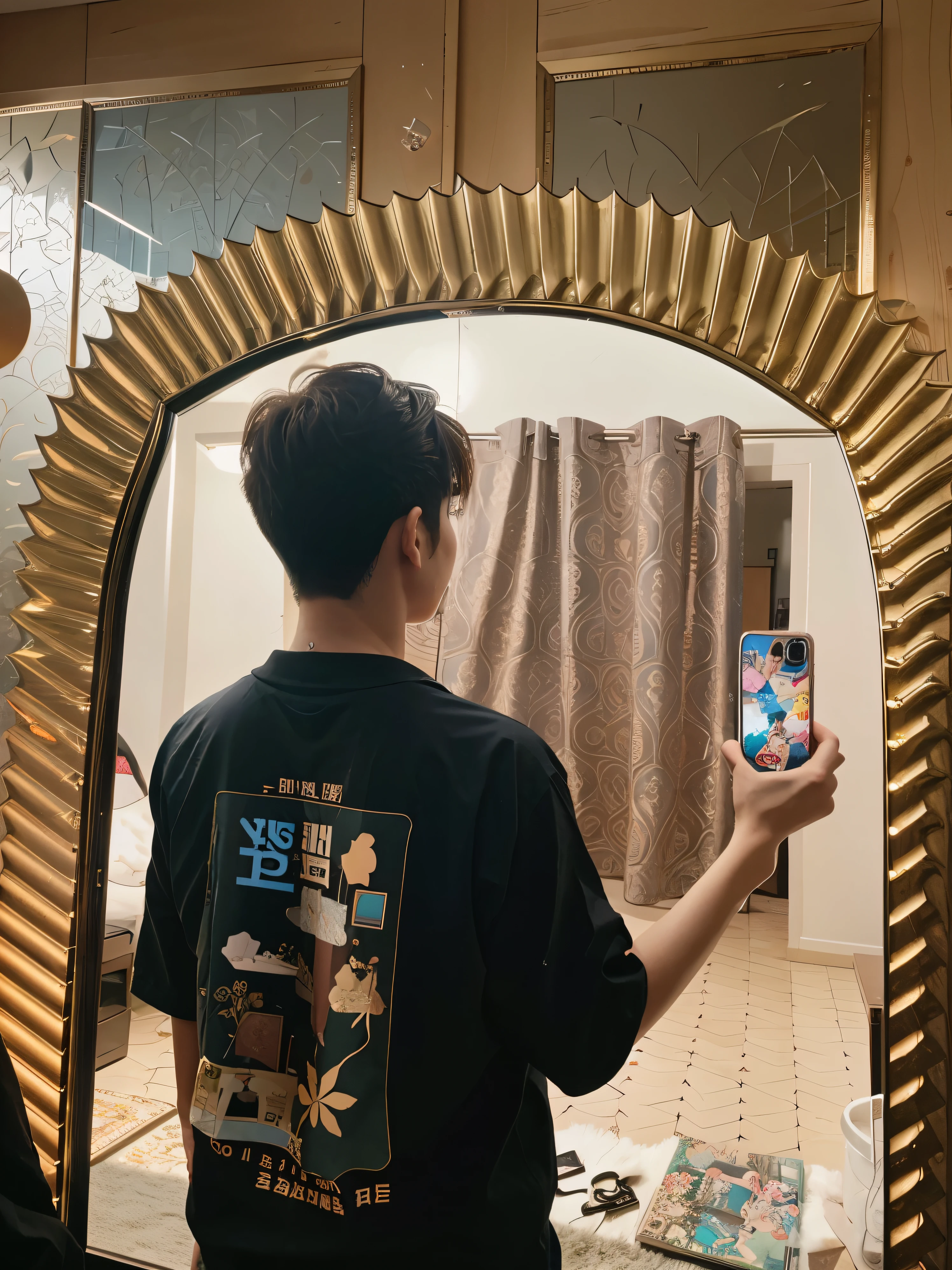 Acute Korean boy taking Mirror selfie anime look, change the background area with the aesthetic look and aesthetic hair and aesthetic hair and clear higher resolution portrait cinematic wallpaper type photo 8k hard resolution cinematic anime profile picture , chubby cheeks glowing Glory skin and rich man home decor