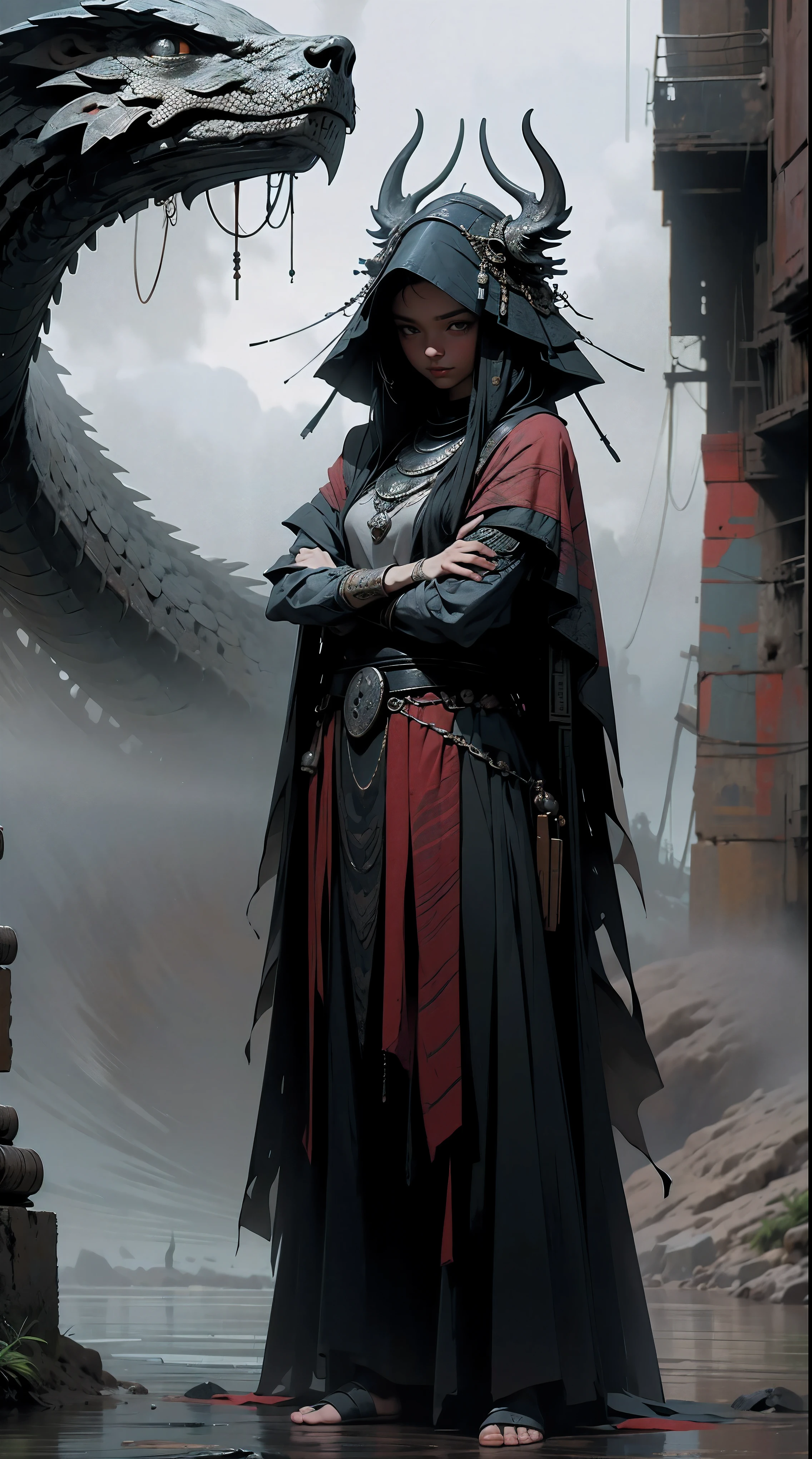 beautiful warrior girl with dragon, Best quality, masterpiece, super high resolution, (realism: 1.4) Dark colors, gloomy, grim, foggy
