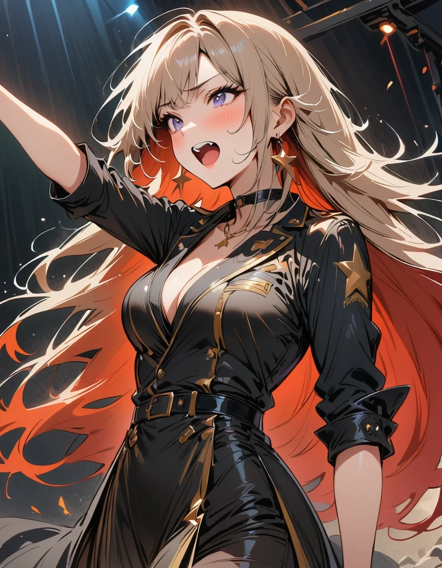 (best quality,4K,8K,high resolution,masterpiece:1.2),Super detailed,rock star,singer,masterpiece,
Black tight military uniform,golden accents,Spacewalk pace,hysterical singing,Stage lighting,
rebellious,glitch art