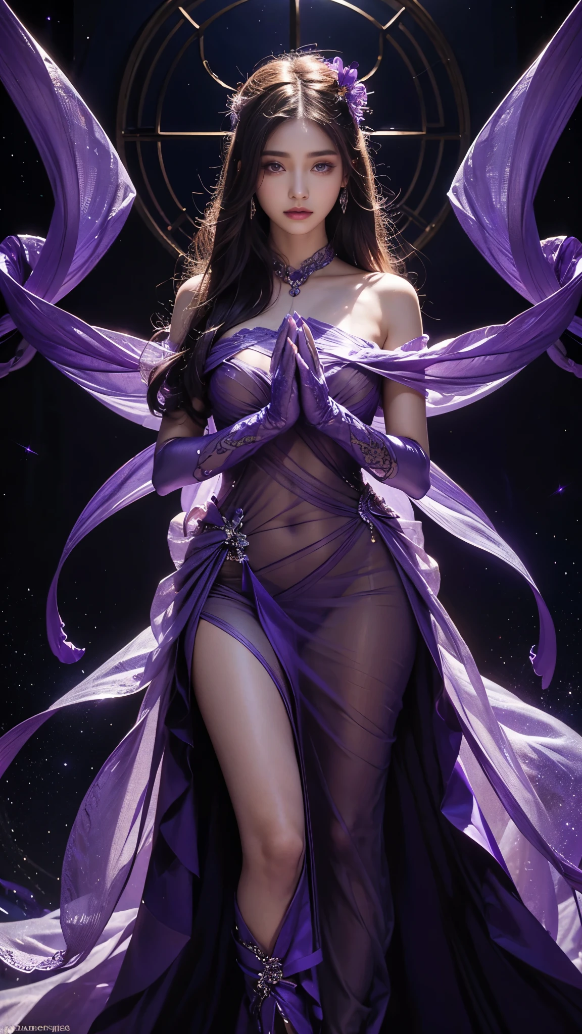 Full figure, seven -clinging shooting, 18 years old, wearing transparent science fiction dress, exquisite faces, details, hands, ultimate details, amazing magnificence, LED internal lighting, Pedaipan style, fiber hair, glowing purple iris, glowing purple iris,