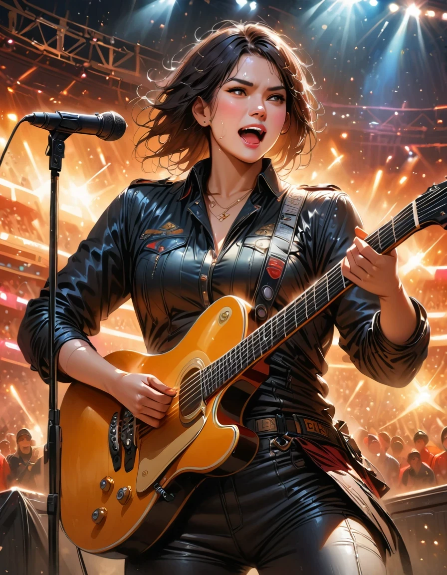 (best quality,4K,8K,high resolution,masterpiece:1.2),Super detailed,(actual,photoactual,photo-actual:1.37),rock star,singer,Guitar,Uniform,Black,tight,golden accents,spacewalk,hysterical singing,Stage lighting,rebellious,glitch art,bright colors,Energetic performance,electric atmosphere,loud music,screaming fans,Huge speakers,fiery explosion,dynamic poses,Smoke and fog effects,expressive face,rotating lights,Flash,dark background,edgy style,wild hair,microphone stand,Guitar声音失真,rock music,Celebrity,电Guitar独奏,huge concert stage,strut on stage,condescending,Emotional intensity,Loud and heavy drum beat,Electric energy,Stage fireworks,Powerful vocal performance,packed stadium,thousands of fans,Roaring crowd,flash,electric atmosphere,sweaty and Energetic performance,Legendary characters,Acting skills,standing ovation