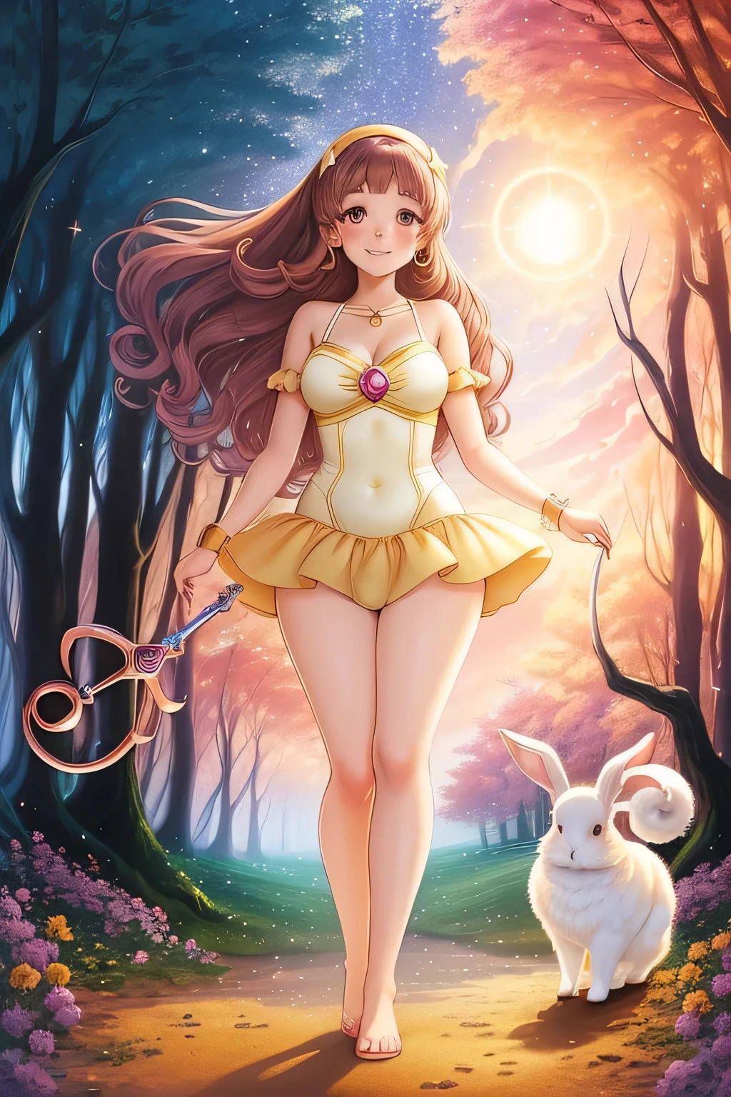 A magical girl with healthy skin is standing in a swimsuit. her swimsuit is ocher, Her long beautiful burgundy hair blows in the wind, and her brown eyes are shining. She holds a shining chakram in her right hand.、I have a magic compact in my left hand.。. An adorable rabbit is standing next to her.. In the background is a magical forest with a sunset sky and stars. She is moving towards the future with a confident smile."