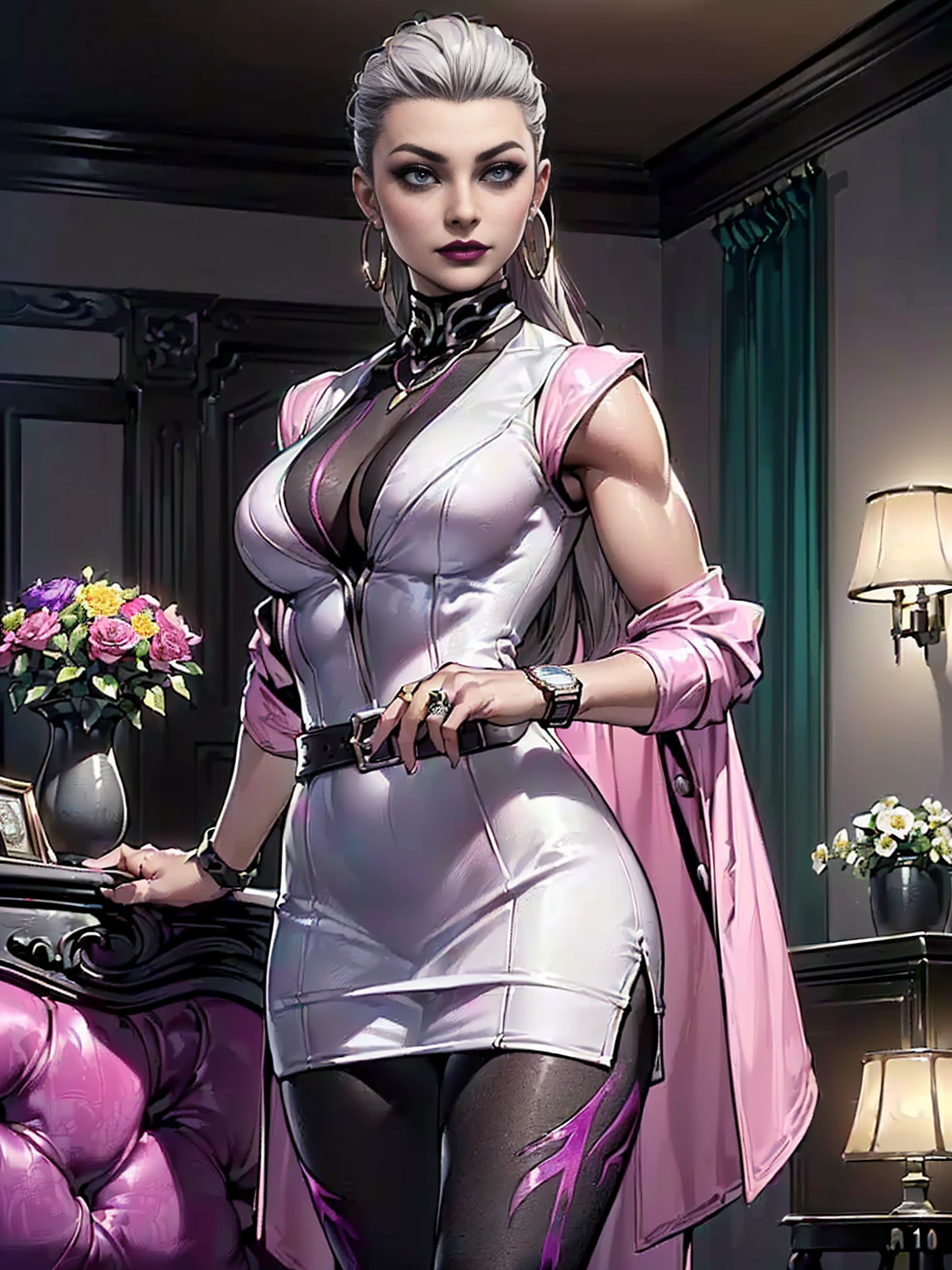 (((1girl, solo ,alone, Mortal Kombat 11: Aftermath,( toned body, athletic body, muscular ), flawless face, Sindel, black eyes, gray hair, Sidel hair, long hair pulled back, long hair slicked back, multicolored hair))),  fitness, ((solo, (1woman, pink lipstick), Extremely detailed, ambient soft lighting, 4k, perfect eyes, a perfect face, perfect lighting, a 1girl)), ((1woman, solo, alone, woman, pink lipstick, wrist watch, wedding ring, hoop earrings, pendant necklace, ((white dress, sheath derss), light green blazer, open blazer, black belt, black tights),(arrogant), majestic posture, majestic weight), ((solo, (1woman, pink lipstick, seen from the front), Extremely detailed, ambient soft lighting, 4k, perfect eyes, a perfect face, perfect lighting, a 1girl)), ((standing, living room, decorated room, large jalena, flower garden, tree-lined garden))