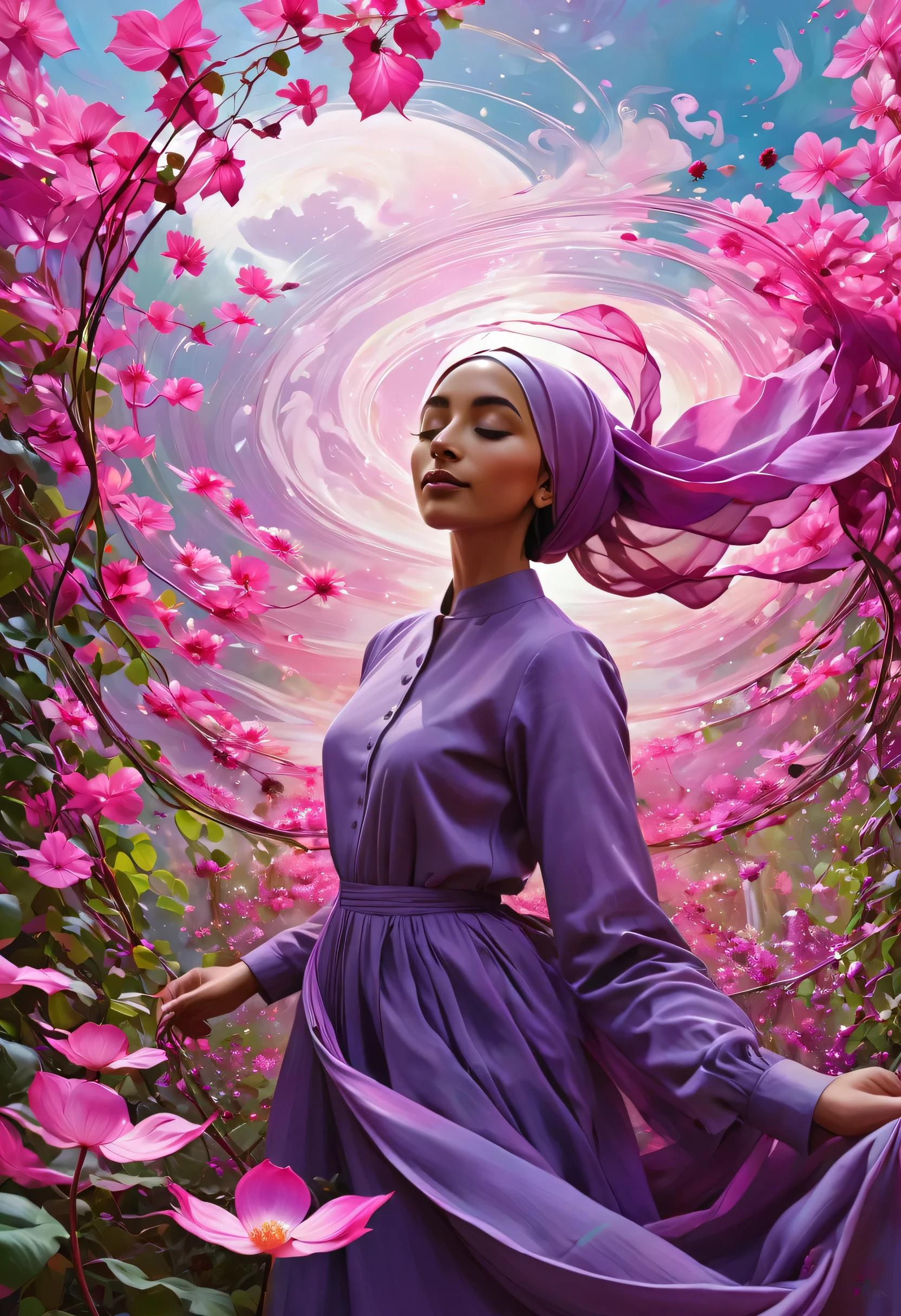 beautiful hijab A captivating digital painting, inspired by the signature style of Norman Rockwell, featuring a serene young woman standing amidst a swirling dance of pink and purple flowers leaves and vines. She is surrounded by a plant-based being, with roots and flowers intertwining, creating a sense of depth and movement. The woman exudes a sense of determination and calm, as if she is perfectly in tune with the natural rhythm of the universe. The overall ambiance of the 