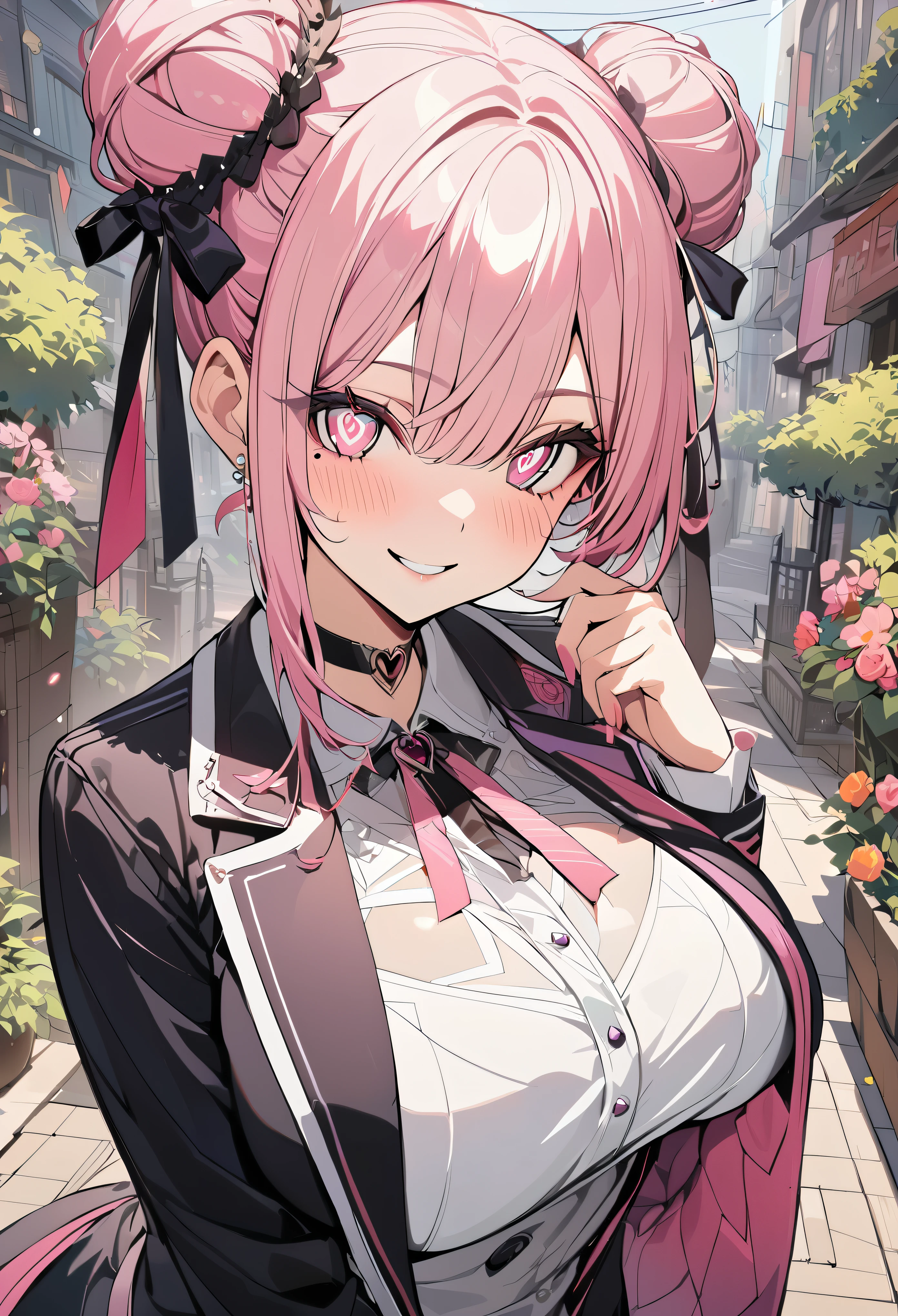 1 girl, pink long bun hair, Symbol-shaped eyes, +_+, big breasts, blazer type uniform, {girl with pink long bun hair named Nami}, (Pink eye color), {downtown}, (smile), bright background , mole under eye, heart shaped choker, (masterpiece, highest quality), very detailed, highest quality, official art, beautiful and aesthetic: 1.2), (1 girl), very detailed, (geometry art: 1.3), colorful, most detailed ?d1 girl, pink long bun hair, Eye of the symbol, +__+, big breasts, gothic costume, {A girl with long pink bun hair named Nami}, (Pink eye color), {downtown}, (smile), bright background, （garden,beautiful flower々）,mole under eye, heart shaped choker, (masterpiece, highest quality), official art, beautiful and aesthetic: 1.2), (1 girl), very detailed, (geometry art: 1.3), colorful