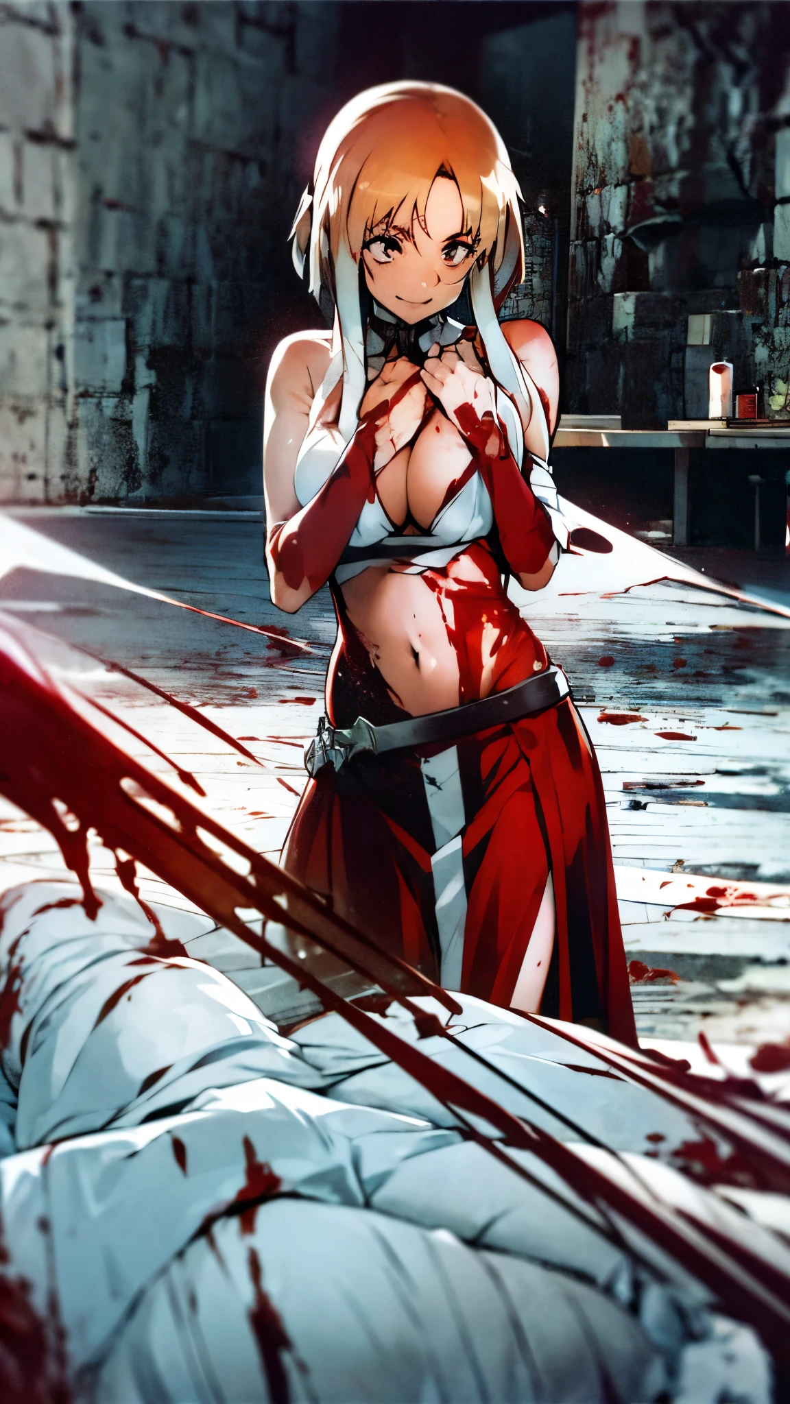 ((masterpiece)), ((best quality)), ((grotesque and splatter)), beautiful girl, curvy, tall, exposed belly, belly button, big breasts, femdom, slaughter, bloody white dress, Blood on the body, Bloody, Blood on the belly button, Blood on the belly, Blood on the breasts, tall, bloody knife, bloody sword, bloody belly, war, fight, kill, Behead, shot from below, POV from fallen enemies, sensual, Blood on the breasts, smile, spattered by much blood, having a big bloody sword, reflecting blood on the whole body, looking down on me, massaging breasts, getting excited sexially, kill everyone, blood splatter, cruel, background with battlefield, cut off head of man, holding a severed head