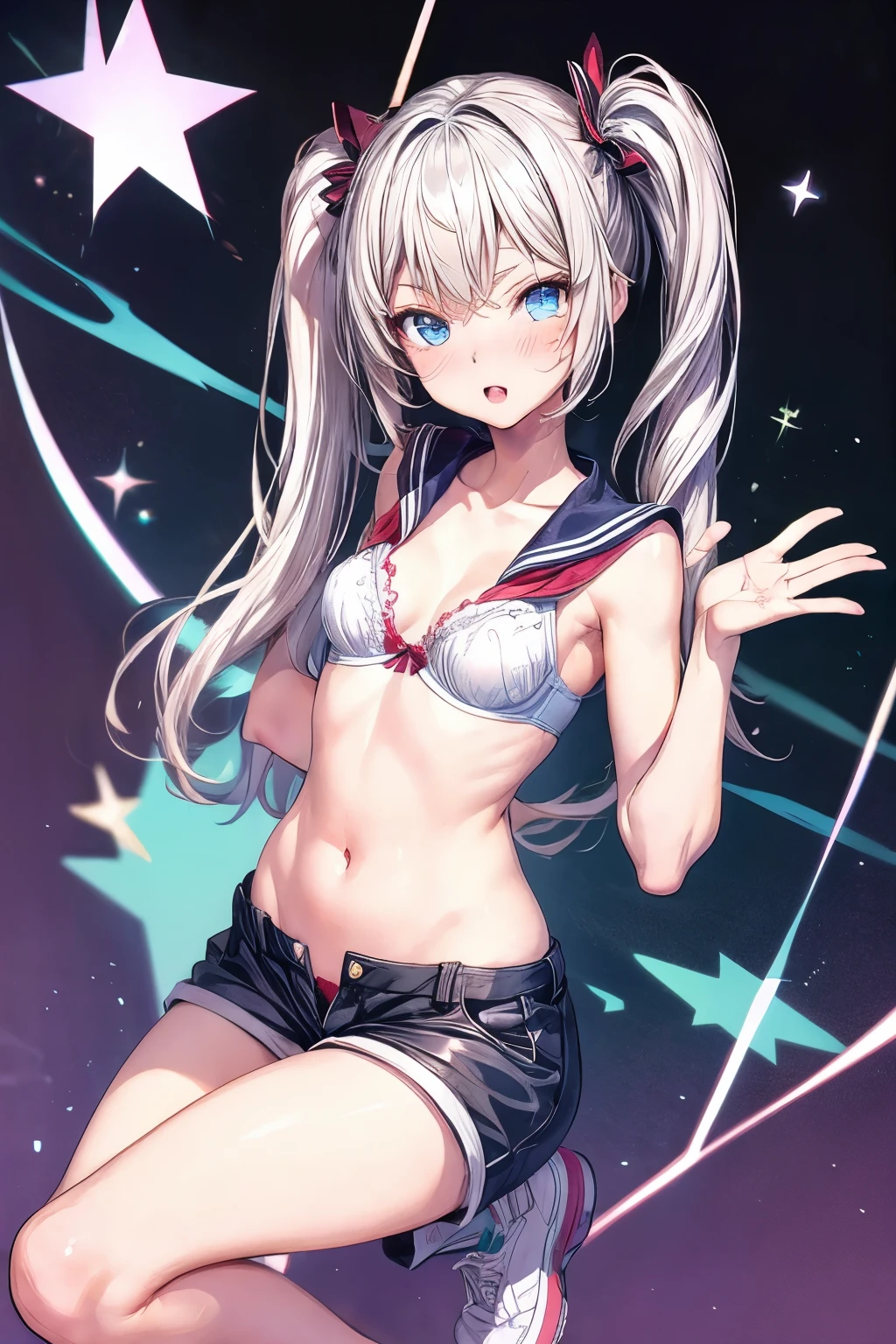 high quality,premium quality, high, small size breasts, Blue eyes Wink, Low twin tails hairpin, Raise Left Hand, bra top,shorts
