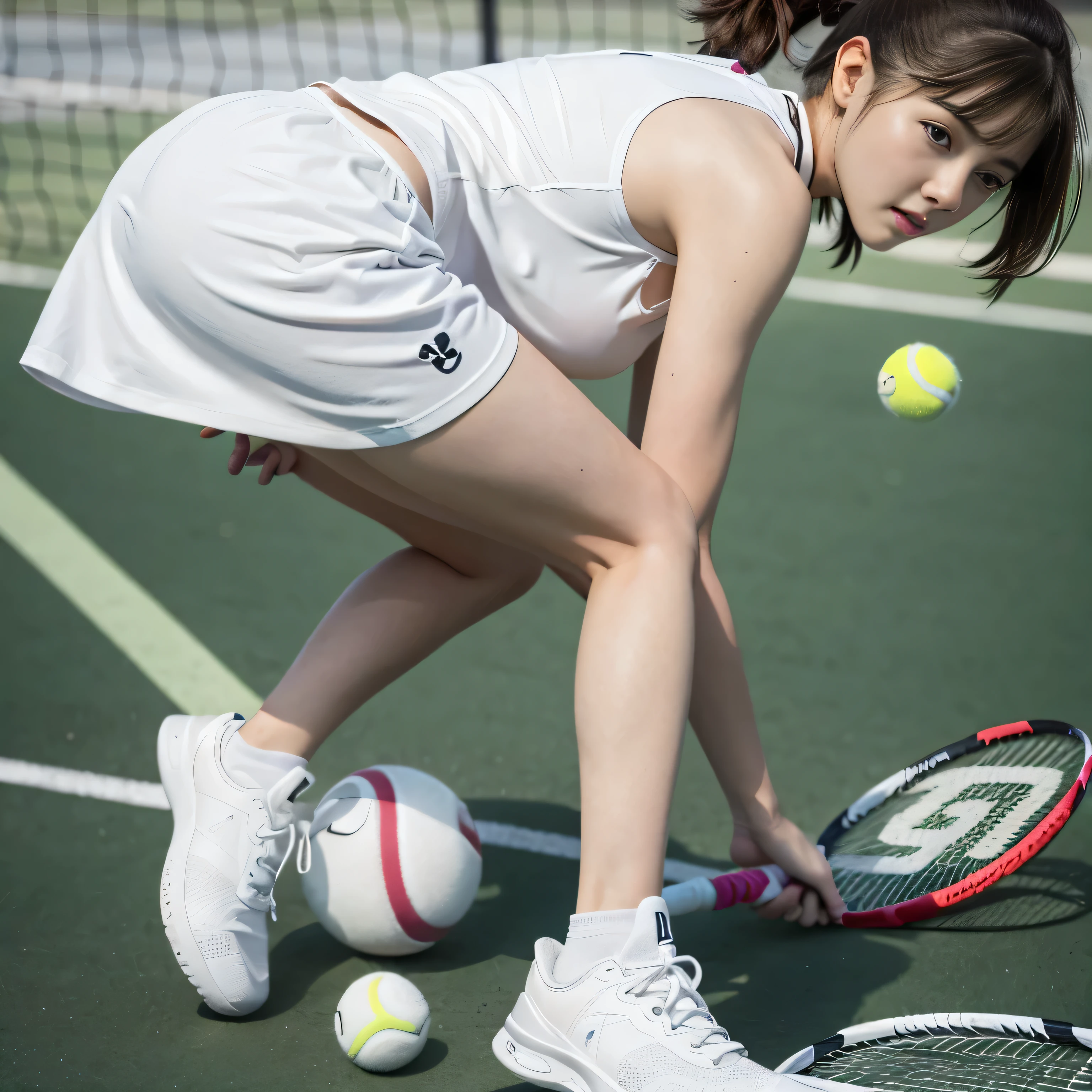 {to be born},{8K},{High resolution、photograph},Woman wearing white tennis wear with racket and ball, ,pick up the tennisball,female tennis player：look at the camera,