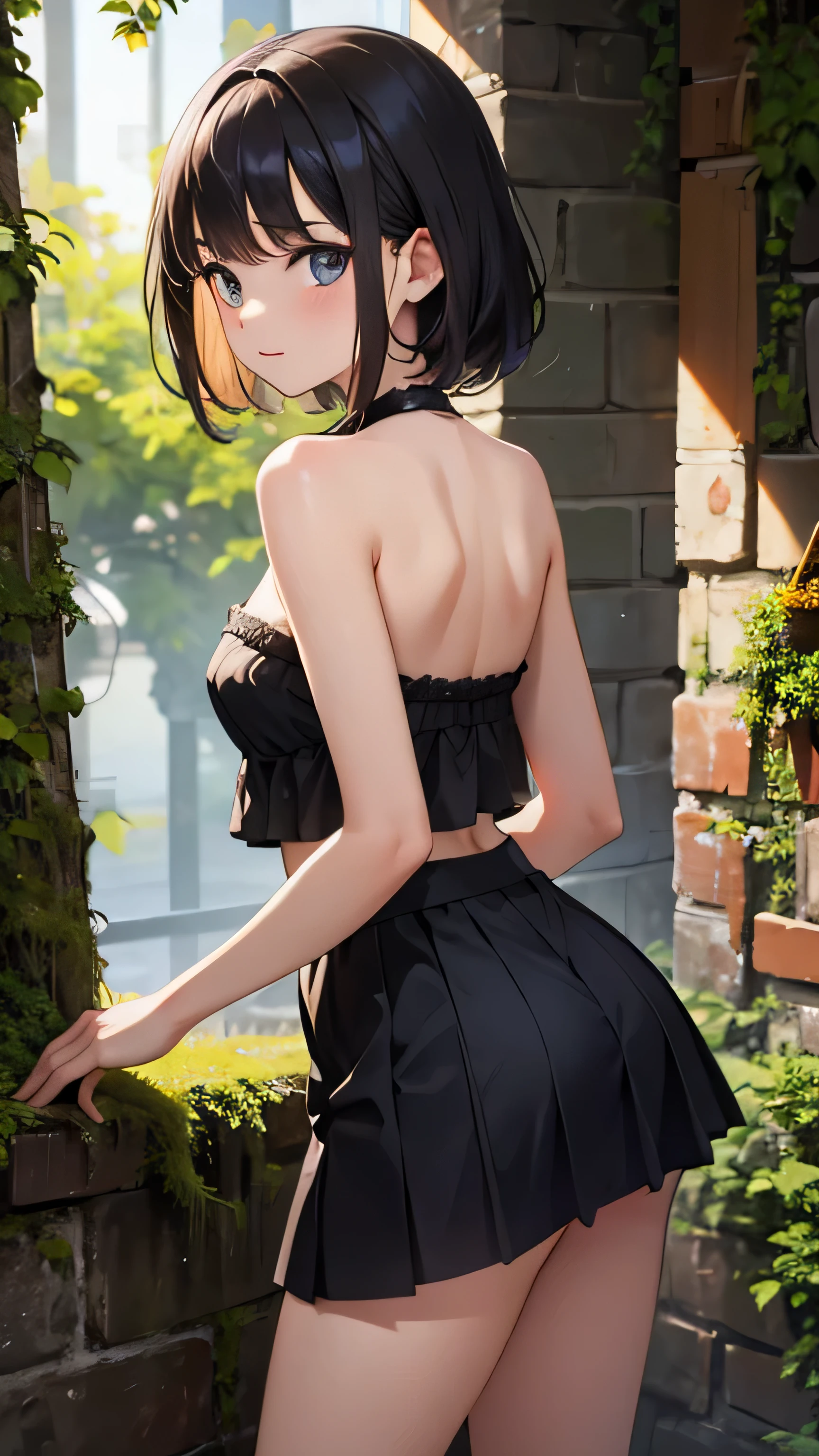 Mulher de 24 anos, top de malha 10 cm, blusa sem mangas, strapless and braless, peito pequeno. fitted mini skirt 10 cm bordô, the image of the woman goes from head to thigh, levantando-se e voltando para o visualizador, encostado no musgo verde da parede, corpo ligeiramente ereto, hands in hair