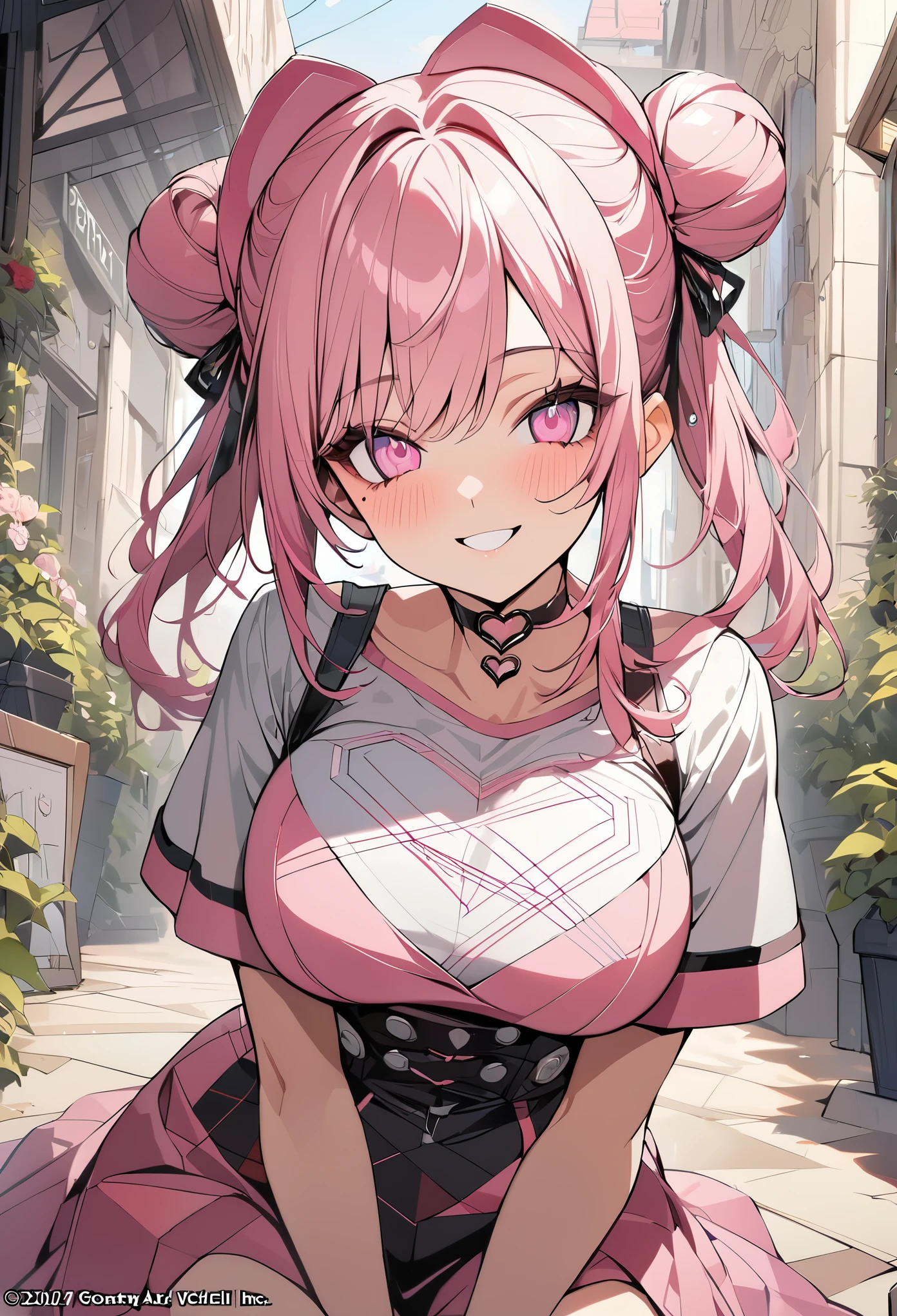 1 girl, pink long bun hair, heart shaped eyes, ♡, big breasts, nurse clothes, {girl with pink long bun hair named Nami}, (Pink eye color), {downtown}, (smile), bright background , mole under eye, heart shaped choker, (masterpiece, highest quality), very detailed, highest quality, official art, beautiful and aesthetic: 1.2), (1 girl), very detailed, (geometry art: 1.3), colorful, most detailed ?d1 girl, pink long bun hair, Eye of the symbol, +__+, big breasts, gothic costume, {A girl with long pink bun hair named Nami}, (Pink eye color), {downtown}, (smile), bright background, （garden,beautiful flower々）,mole under eye, heart shaped choker, (masterpiece, highest quality), official art, beautiful and aesthetic: 1.2), (1 girl), very detailed, (geometry art: 1.3), colorful