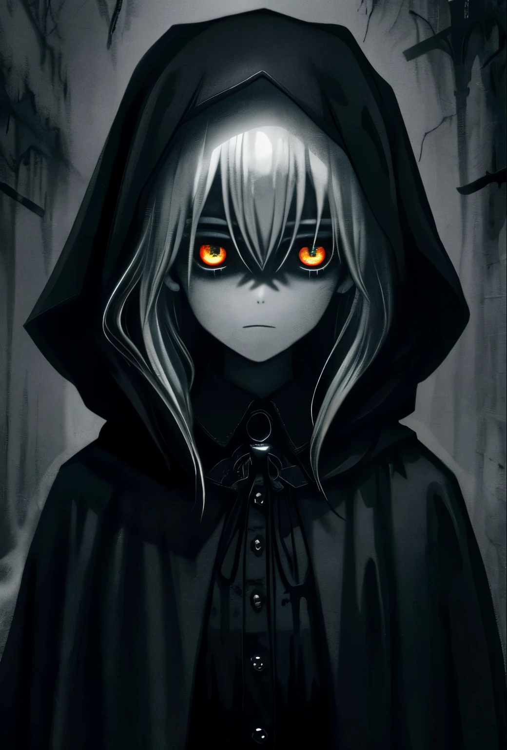 high quality, realistic, dark art:1.2, horror, supernatural beings, haunting atmosphere, eerie shadows, ethereal figure, ghostly presence, spectral essence, grim reaper, cloak of darkness, scythe, glowing eyes, otherworldly realm, foreboding, mysterious, chilling, macabre, gothic, black and white photography, atmospheric lighting, hauntingly beautiful, bone-chilling, unsettling, spectral glow, ethereal mist, haunting whispers, somber tones, ghostly apparition