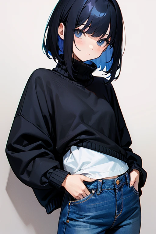 black baggy sweater with blue jeans and her bangs her short