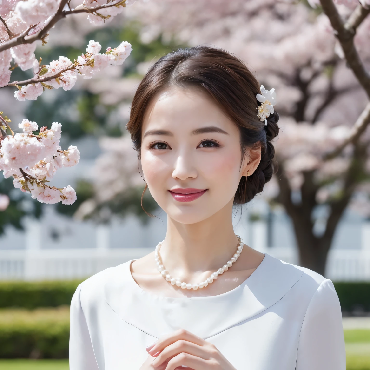 (masterpiece、highest quality、best image quality、8K、Award-winning work)、(1 40 year old mature woman:1.2)、(facial wrinkles:1.2)、(Beautiful skin that shines very brightly:1.3)、(very bright and vivid:1.2)、the best smile looking at me、(white ceremony suit:1.2)、perfect and most natural collar、(Long tight skirt:1.1)、classy bowtie blouse、(I have an elegant small plain high-end handbag.:1.1)、(perfect and precise pearl necklace:1.2)、(classy chignon:1.1)、(beautiful elegant hair ornament:1.1)、perfect corsage on the chest、big breasts、emphasize body line、standing elegantly、(The background is a rectangular school building with four floors:1.2)、(Modern four-storey rectangular building:1.2)、(Reinforced concrete square school:1.2)、(beautiful square window glass:1.1)、(A new and beautiful high school:1.1)、sunny and beautiful sky、clear beautiful sky、beautiful thunder clouds、(refreshing sunshine:1.1)、(Cherry tree in full bloom:1.1)、perfect makeup、bright lipstick、upper body photo、blurred background、(perfect anatomy:1.1)、Ultra high definition beautiful face、ultra high definition hair、Super high-definition sparkling eyes、Super high resolution glossy lips