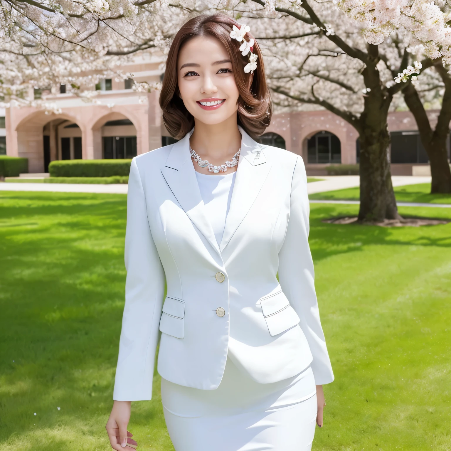 (masterpiece、highest quality、best image quality、8K、Award-winning work)、(1 40 year old mature woman:1.2)、(Standing against the background of a modern beautiful school:1.1)、(facial wrinkles:1.2)、(Beautiful skin that shines very brightly:1.4)、(the best smile looking at me:1.1)、(perfect white business suit:1.3)、(classy white skirt:1.1)、Perfect and precise luxury necklace、(classy chignon:1.1)、(beautiful elegant hair ornament:1.1)、(Expensive and classy beautiful hair accessories:1.1)、(big breasts:1.1)、emphasize body line、standing elegantly、(The background is a rectangular school building with four floors:1.3)、(Modern four-storey rectangular building:1.3)、(Reinforced concrete square school:1.3)、(beautiful square window glass:1.1)、(A new and beautiful high school:1.1)、sunny and beautiful sky、clear beautiful sky、beautiful thunder clouds、(refreshing sunshine:1.1)、(A tall and large cherry tree in full bloom in the distance:1.1)、perfect makeup、bright lipstick、upper body photo、blurred background、(perfect anatomy:1.1)、Ultra high definition beautiful face、Super high definition beautiful teeth、ultra high definition hair、Super high-definition sparkling eyes、Super high resolution glossy lips