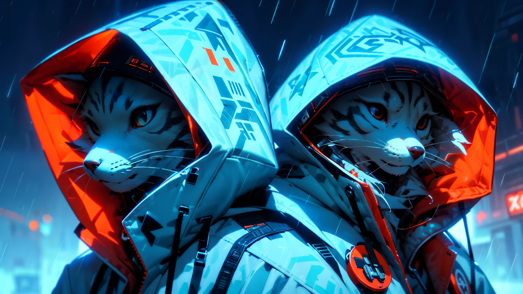 masutepiece, Best Quality, Solo, Rain, hoods, Furry, Hood Up, Jacket, Upper body, hooded jacket, Closed mouth, whiskers, raincoat, Siberian Husky Dog, Furry, Sagged ears, brue eyes, Portrait,masutepiece, Best Quality,Black trench coat，Orange pattern，White mask，Cyberpunk Personality