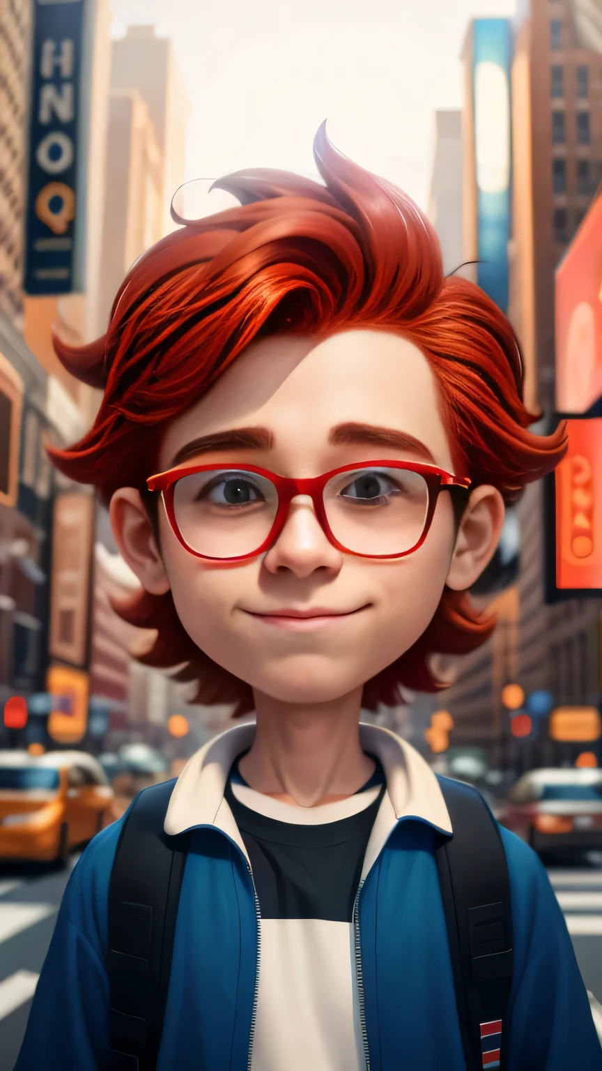 Redhead ager with glasses in New York, corpo inteiro e jaqueta de basquete.