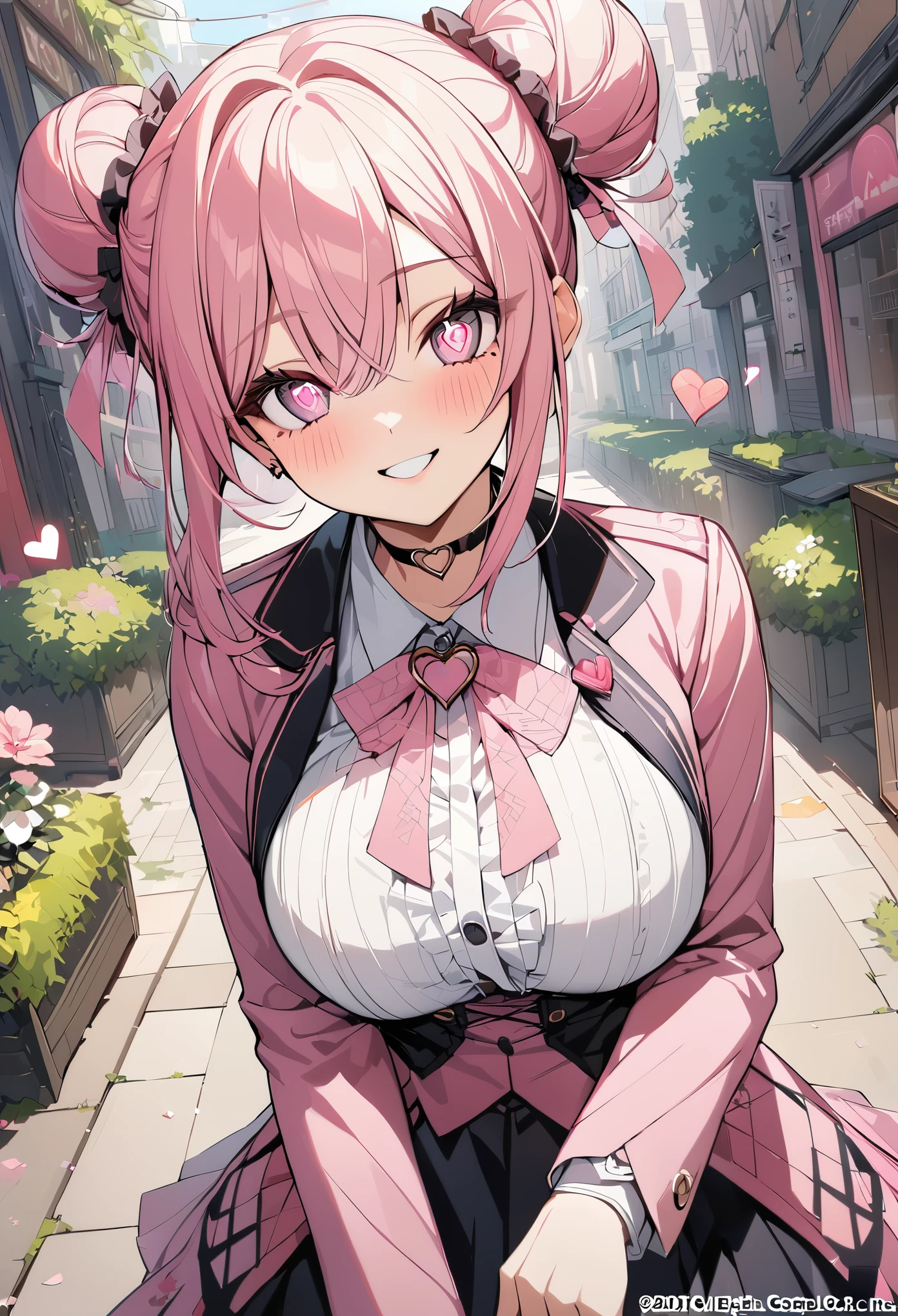 1 girl, pink long bun hair, Symbol-shaped eyes, +_+, big breasts, blazer type uniform, {girl with pink long bun hair named Nami}, (Pink eye color), {downtown}, (smile), bright background , mole under eye, heart shaped choker, (masterpiece, highest quality), very detailed, highest quality, official art, beautiful and aesthetic: 1.2), (1 girl), very detailed, (geometry art: 1.3), colorful, most detailed ?d1 girl, pink long bun hair, Eye of the symbol, +__+, big breasts, gothic costume, {A girl with long pink bun hair named Nami}, (Pink eye color), {downtown}, (smile), bright background, （garden,beautiful flowers々）,mole under eye, heart shaped choker, (masterpiece, highest quality), official art, beautiful and aesthetic: 1.2), (1 girl), very detailed, (geometry art: 1.3), colorful
