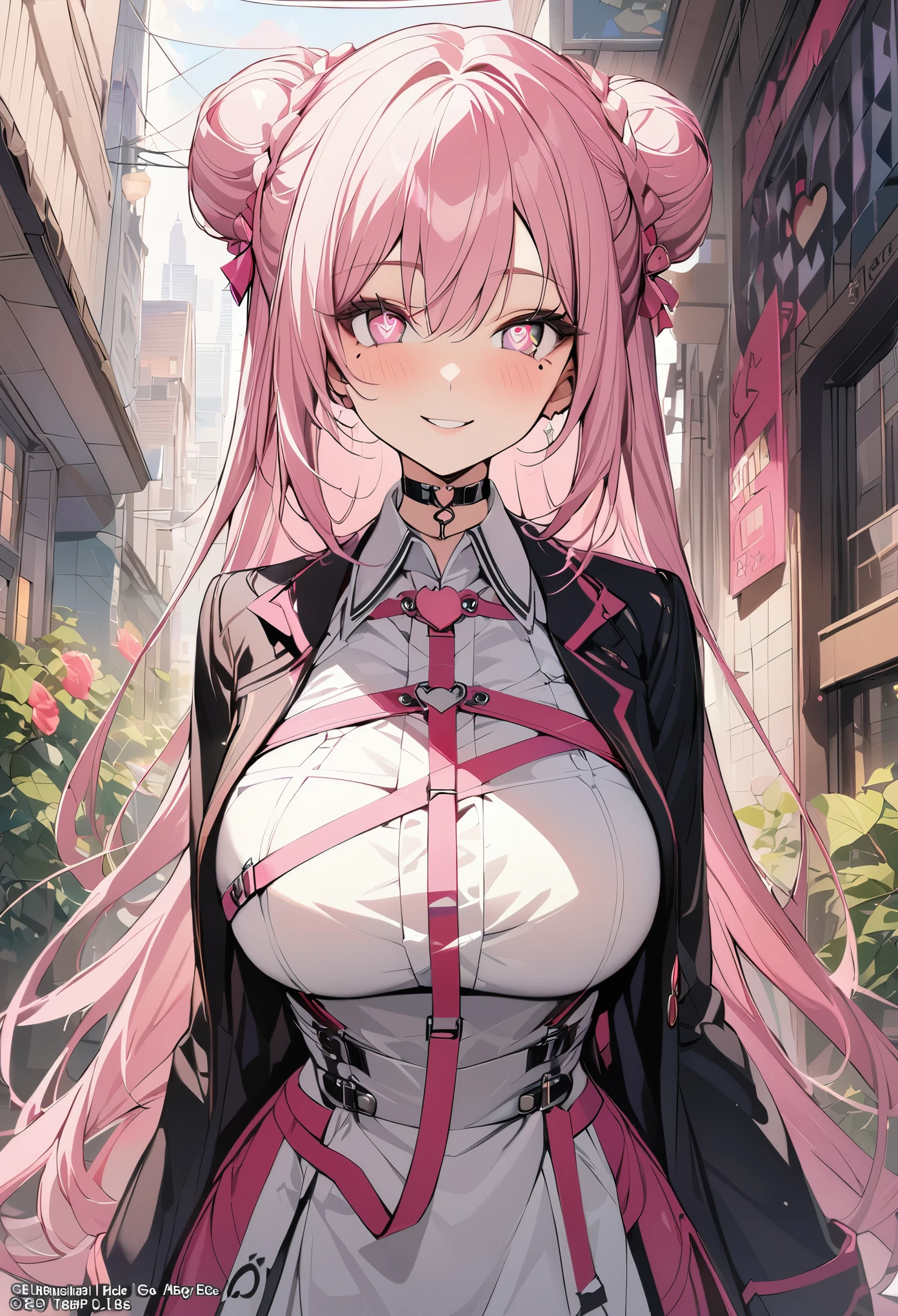 1 girl, pink long bun hair, Symbol-shaped eyes, +_+, big breasts, blazer type uniform, {girl with pink long bun hair named Nami}, (Pink eye color), {downtown}, (smile), bright background , mole under eye, heart shaped choker, (masterpiece, highest quality), very detailed, highest quality, official art, beautiful and aesthetic: 1.2), (1 girl), very detailed, (geometry art: 1.3), colorful, most detailed ?d1 girl, pink long bun hair, Eye of the symbol, +__+, big breasts, gothic costume, {A girl with long pink bun hair named Nami}, (Pink eye color), {downtown}, (smile), bright background, （garden,beautiful flowers々）,mole under eye, heart shaped choker, (masterpiece, highest quality), official art, beautiful and aesthetic: 1.2), (1 girl), very detailed, (geometry art: 1.3), colorful