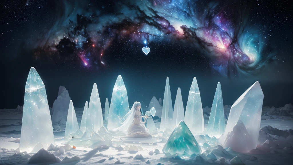 ((Light bluish white tone，A transparent white jade hand carving holds a transparent love crystal with intense light from the universe, nebula and galaxy inside.)), ethereal light, Beautiful fairy tale rendering, Generous and beautiful details,  ((magical atmosphere + masterpiece, magical environment，best quality，32k，Extremely complex and exquisite details))