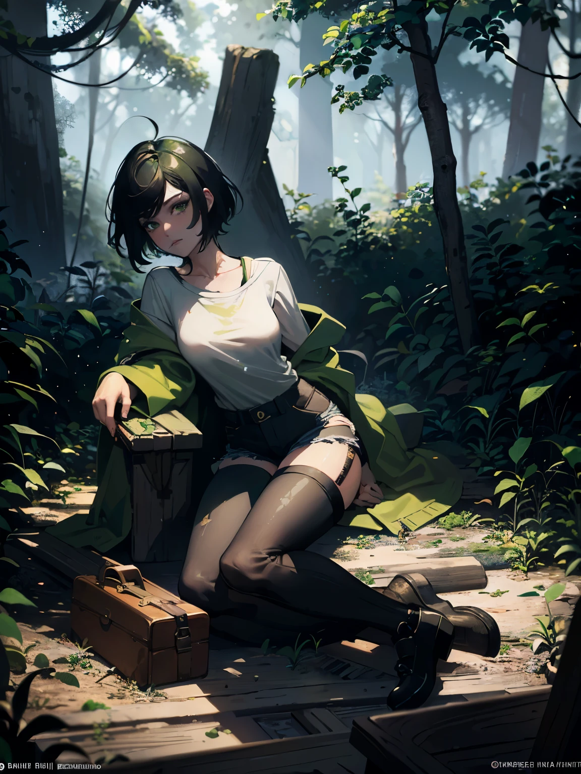((best quality)), ((masterpiece)), (detailed), perfect face, 1girl, short black hair, green eyes, white shirt, denim shorts, forest, absurdres, high res, ultrasharp, 8k, looking at viewer, full body