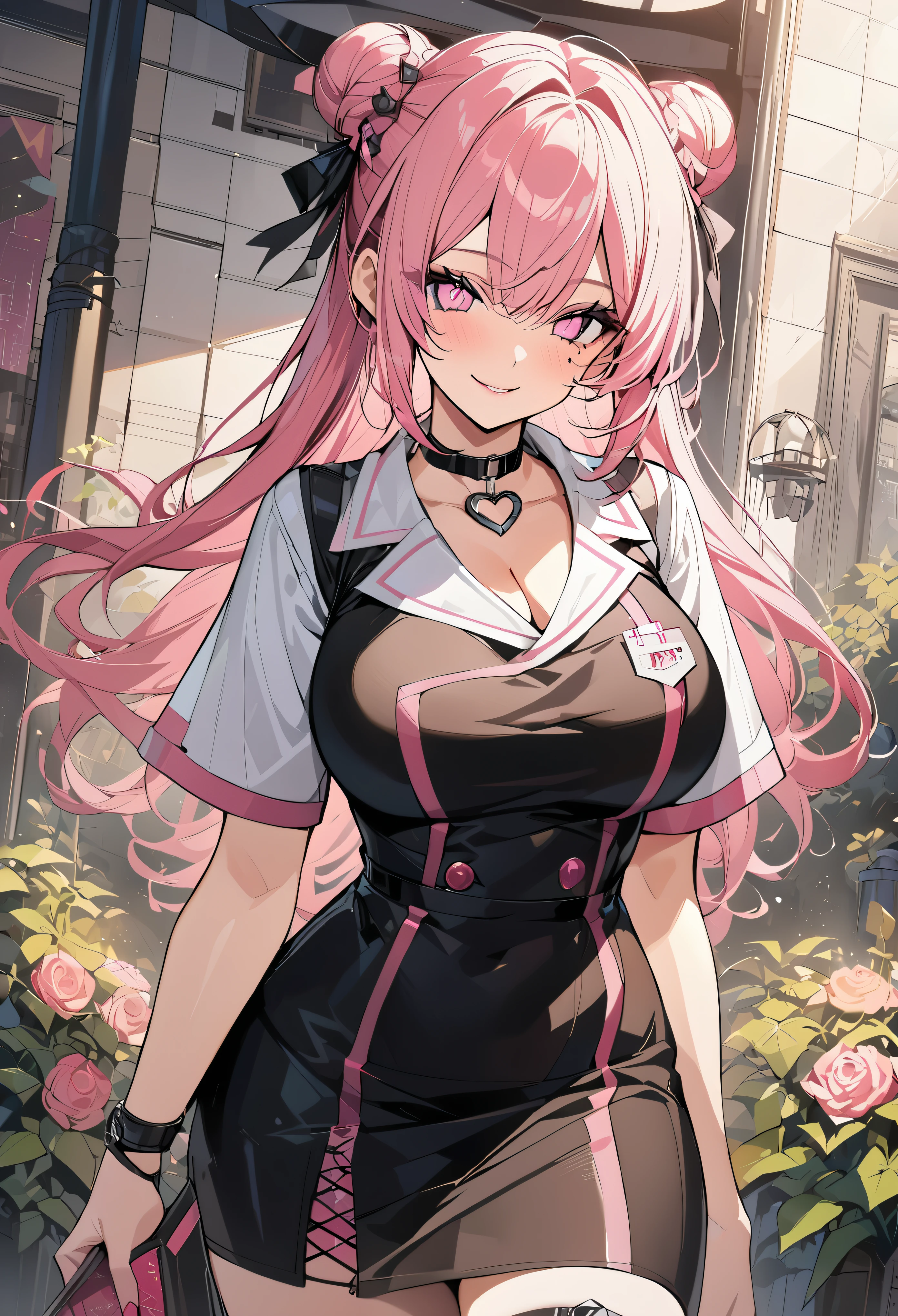 1 girl, pink long bun hair, Symbol-shaped eyes, +_+, big breasts, blazer type uniform, {girl with pink long bun hair named Nami}, (Pink eye color), {downtown}, (smile), bright background , mole under eye, heart shaped choker, (masterpiece, highest quality), very detailed, highest quality, official art, beautiful and aesthetic: 1.2), (1 girl), very detailed, (geometry art: 1.3), colorful, most detailed ?d1 girl, pink long bun hair, Eye of the symbol, +__+, big breasts, gothic costume, {A girl with long pink bun hair named Nami}, (Pink eye color), {downtown}, (smile), bright background, (garden,beautiful flower々),mole under eye, heart shaped choker, (masterpiece, highest quality), official art, beautiful and aesthetic: 1.2), (1 girl), very detailed, (geometry art: 1.3), colorful
