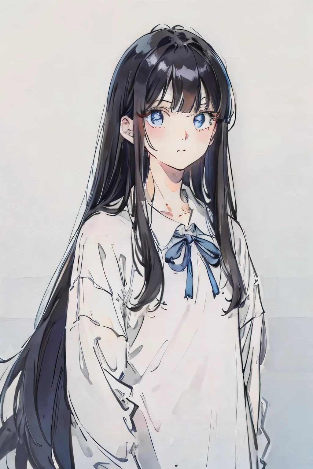 long black hair、big blue eyes、 with white shirt, light blue sweater and red ribbon