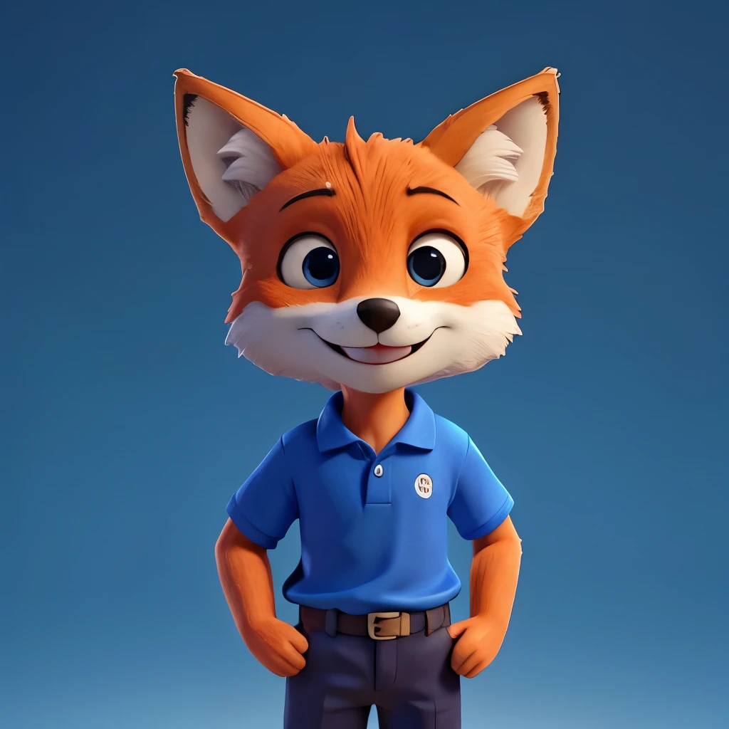 Smiling humanoid fox wearing blue polo shirt waving