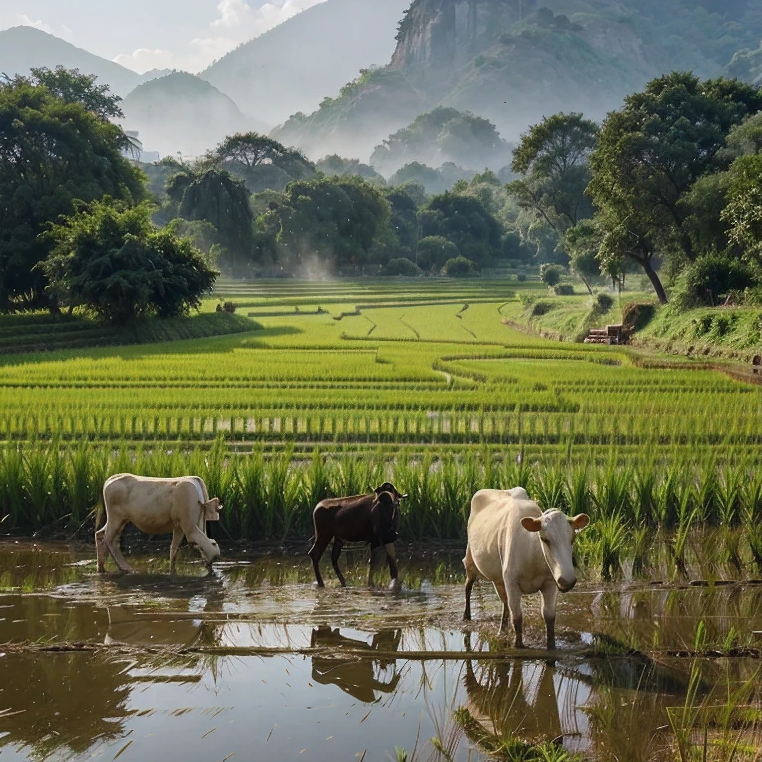 Morning alms, Rice fields, villager, cow,