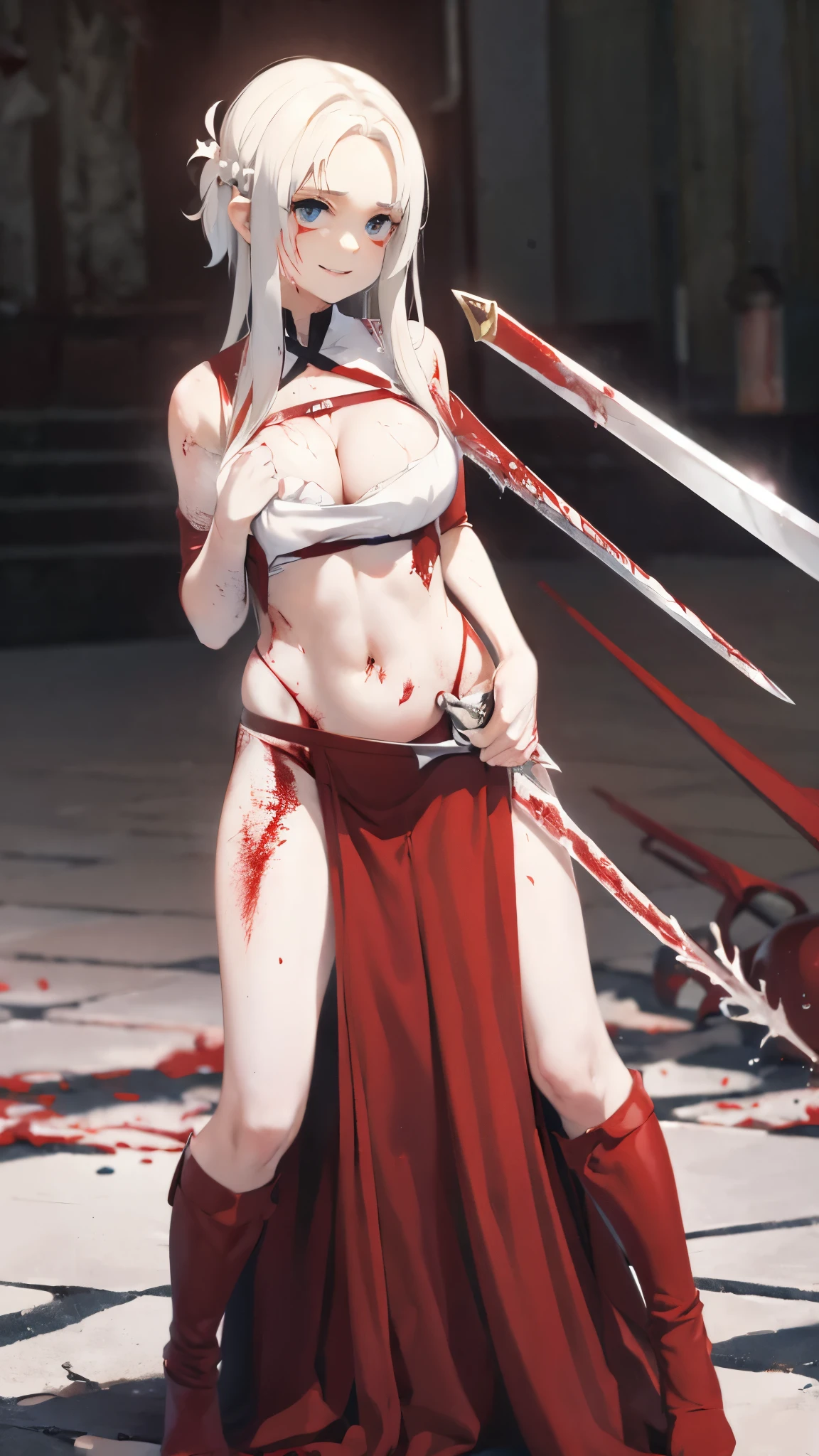 ((masterpiece)), ((best quality)), ((grotesque and splatter)), beautiful girl, curvy, tall, exposed belly, belly button, big breasts, femdom, slaughter, bloody white dress, Blood on the body, Bloody, Blood on the belly button, Blood on the belly, Blood on the breasts, tall, bloody knife, bloody sword, bloody belly, war, fight, kill, Behead, shot from below, POV from fallen enemies, sensual, Blood on the breasts, smile, spattered by much blood, having a big bloody sword, reflecting blood on the whole body, looking down on me, massaging breasts, getting excited sexially, kill everyone, blood splatter, cruel, background with battlefield, cut off head of man, holding a severed head, lift up clothes, pinch shirts