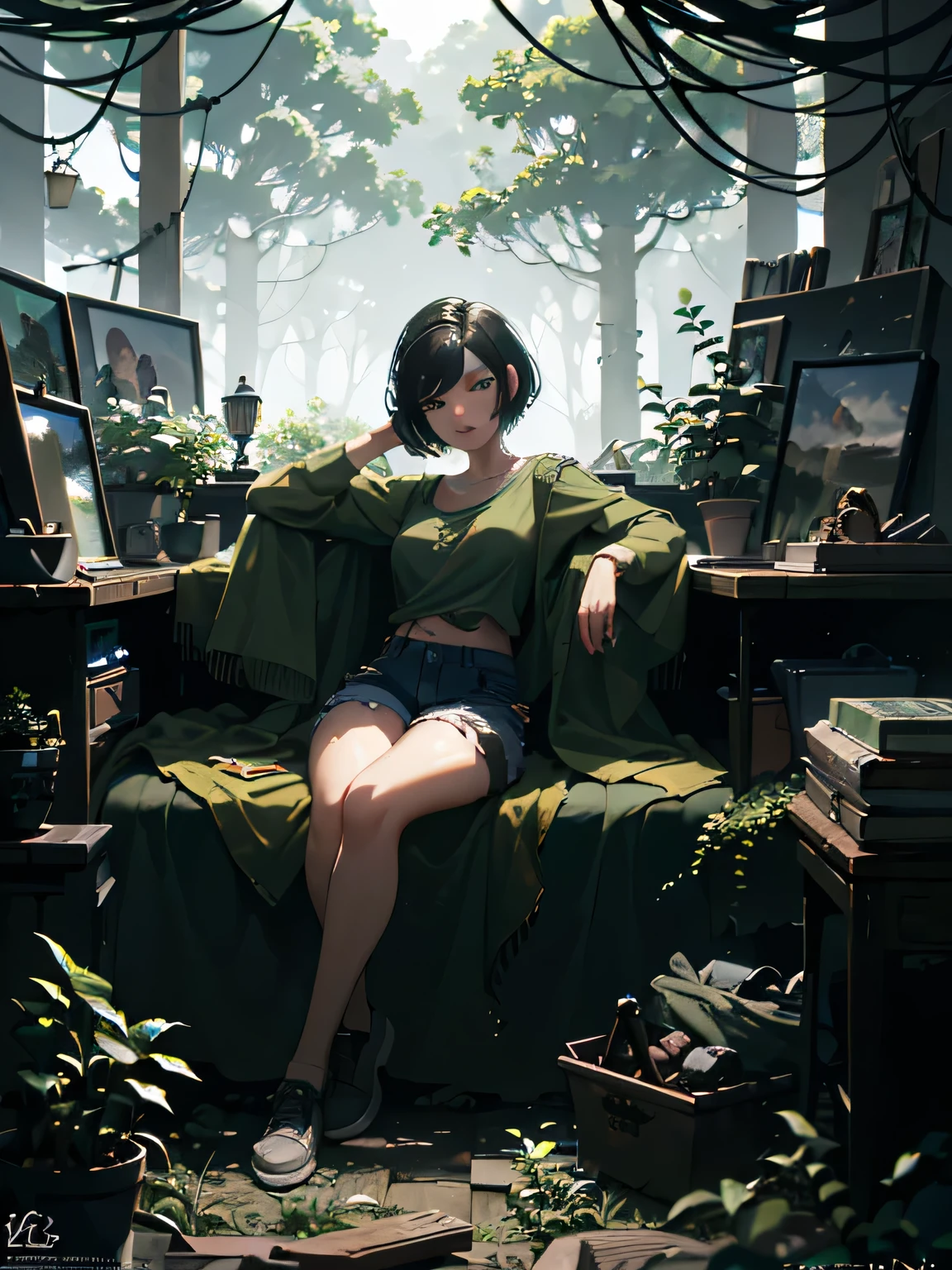 ((best quality)), ((masterpiece)), (detailed), perfect face, 1girl, short black hair, green eyes, white shirt, denim shorts, forest, absurdres, high res, ultrasharp, 8k, looking at viewer, full body