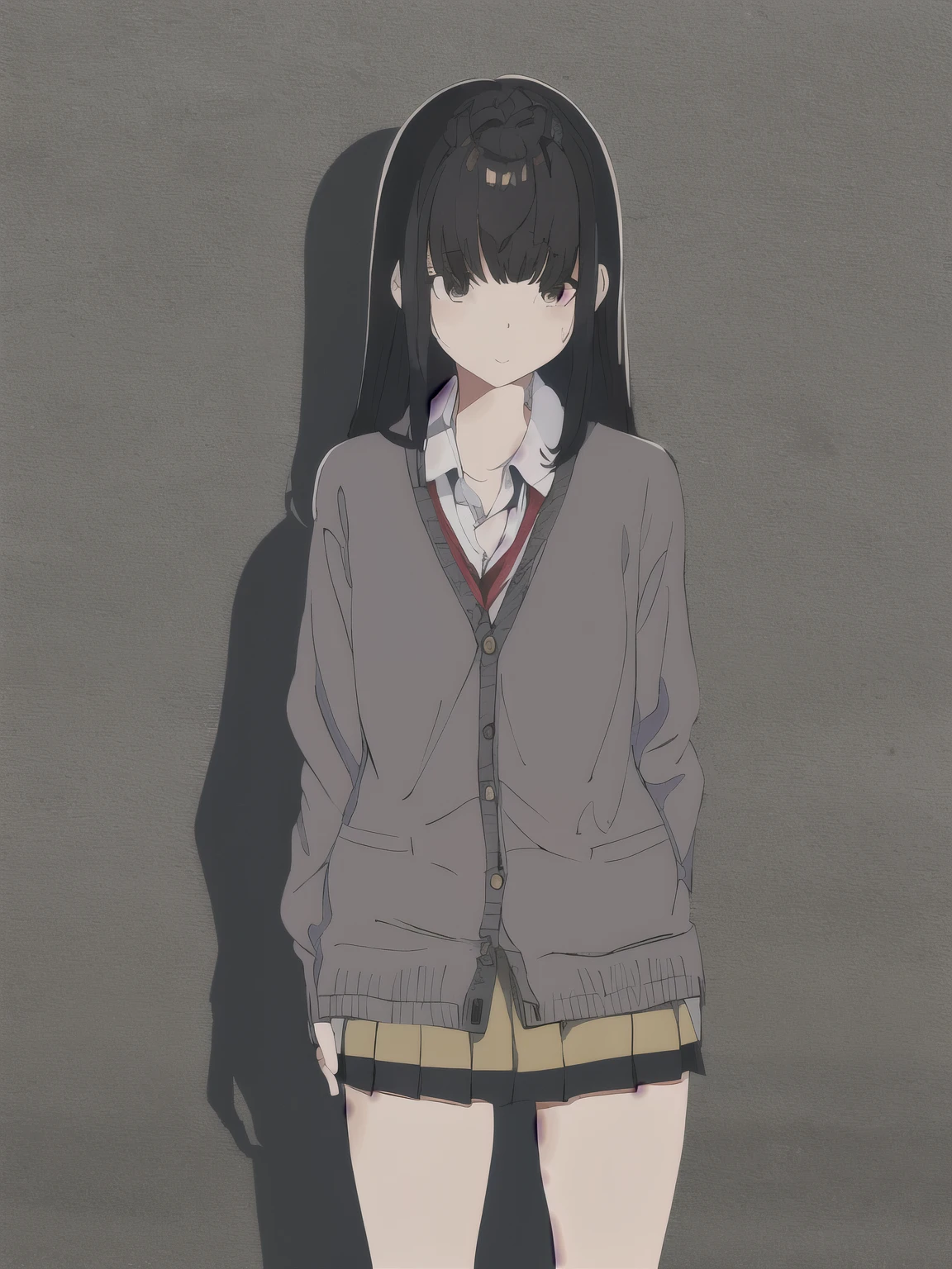A high school girl in uniform is standing、cardigan、mini skirt、nostalgic、Black straight hair、cute、