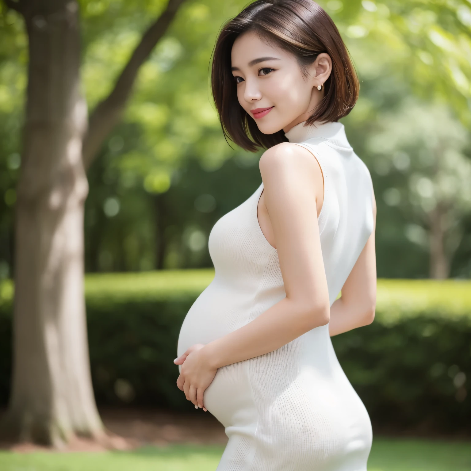 (highest quality、table top、8K、best image quality、Award-winning work)、one beautiful woman、25 years old、(alone:1.1)、perfect beautiful composition、(Huge breasts that are about to burst:1.2)、(perfect fit:1.1)、(emphasize body line:1.1)、(Very short bob:1.1)、slender body、(Perfect red sleeveless turtleneck knit sweater dress:1.3)、(foot pictures:1.2)、(look at me and smile:1.1)、(Blurred background of a perfectly maintained beautiful park:1.1)、wide々beautiful park、A perfectly organized and elegant park、stand gracefully、natural makeup、Ultra high definition beauty face、ultra high definition hair、Super high-definition sparkling eyes、(Super high-resolution glowing skin:1.3)、Super high resolution glossy lips、(accurate anatomy:1.1)、(very bright and vivid:1.1)、(my back is turned:1.4)、(please turn around and look at me:1.1)、(Large lateral breasts:1.2)、(late pregnancy:1.3)、(the biggest belly:1.3)