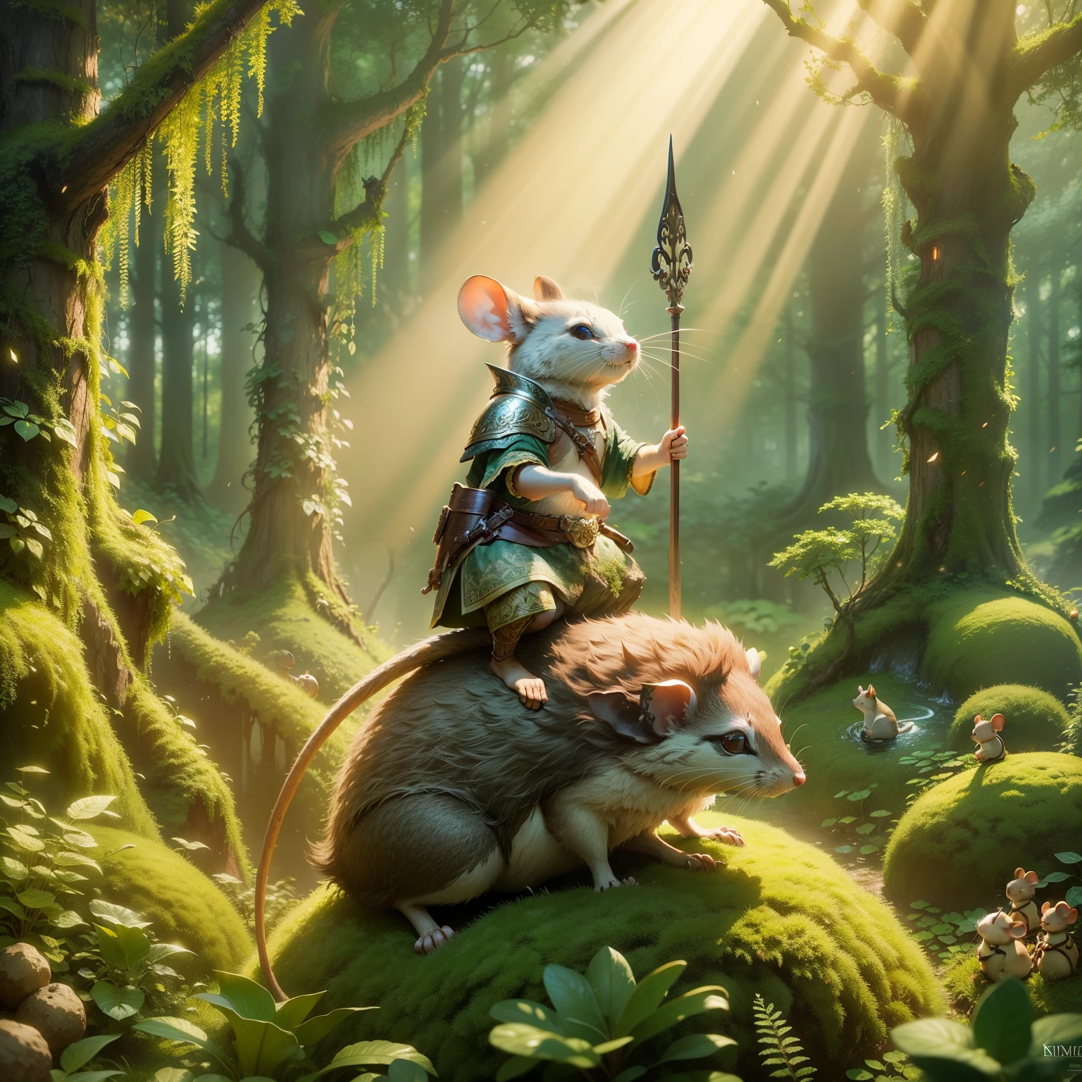 there is a small hedge sitting on top of a hedge, mouse guard sits on a stump, rolands zilvinskis 3d render art, by Kerembeyit, 4 k detail fantasy, 4k fantasy art, mouse guard, fantasy matte painting，cute, fantasy art behance, realistic fantasy illustration, wojtek fus, by Brian Despain