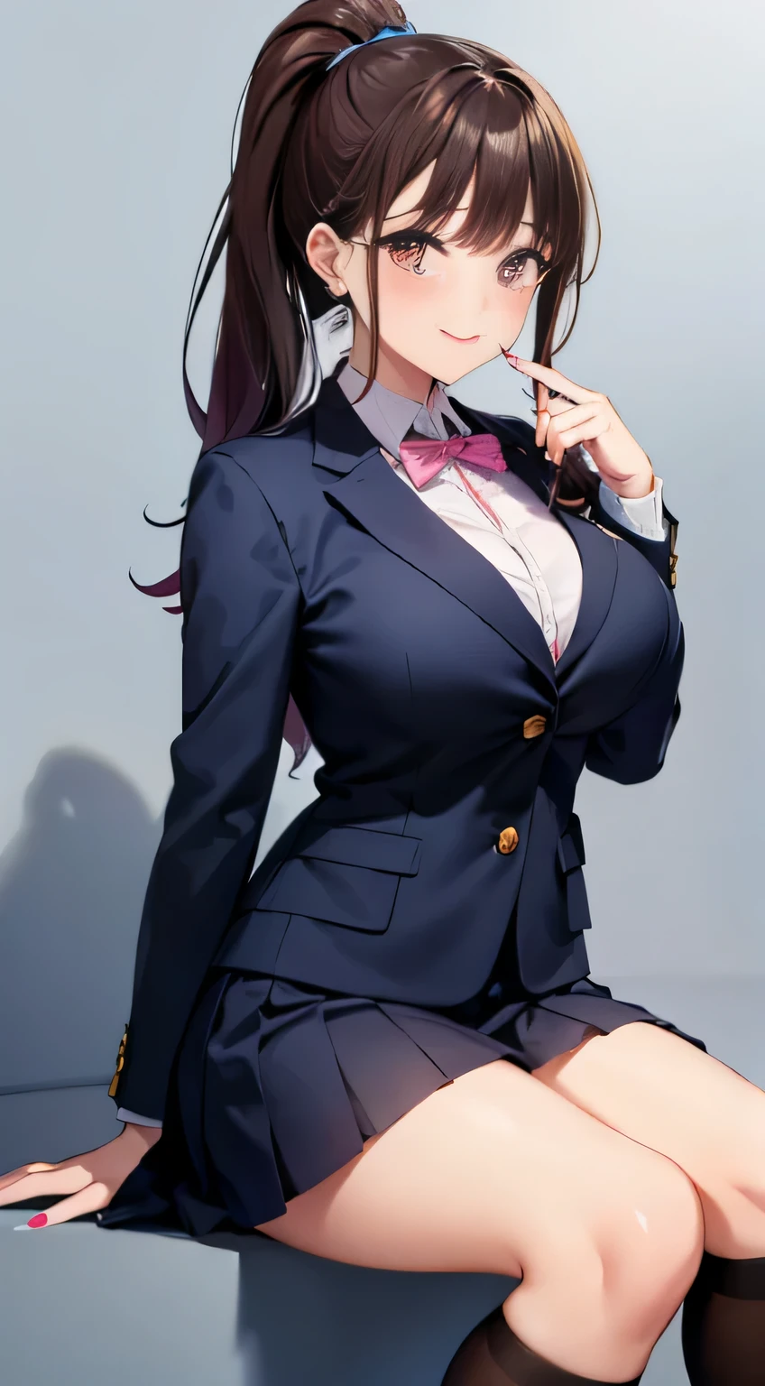 (masterpiece, best quality, ultra-detailed, high resolution, detailed eyes),  takeda hiromitsu style, (1mature female), voluptuous body, teacher, slant eyes, annoyed, black long hair up, glasses, navy business suit, pensil skirt, arms crossed, looking at viewer