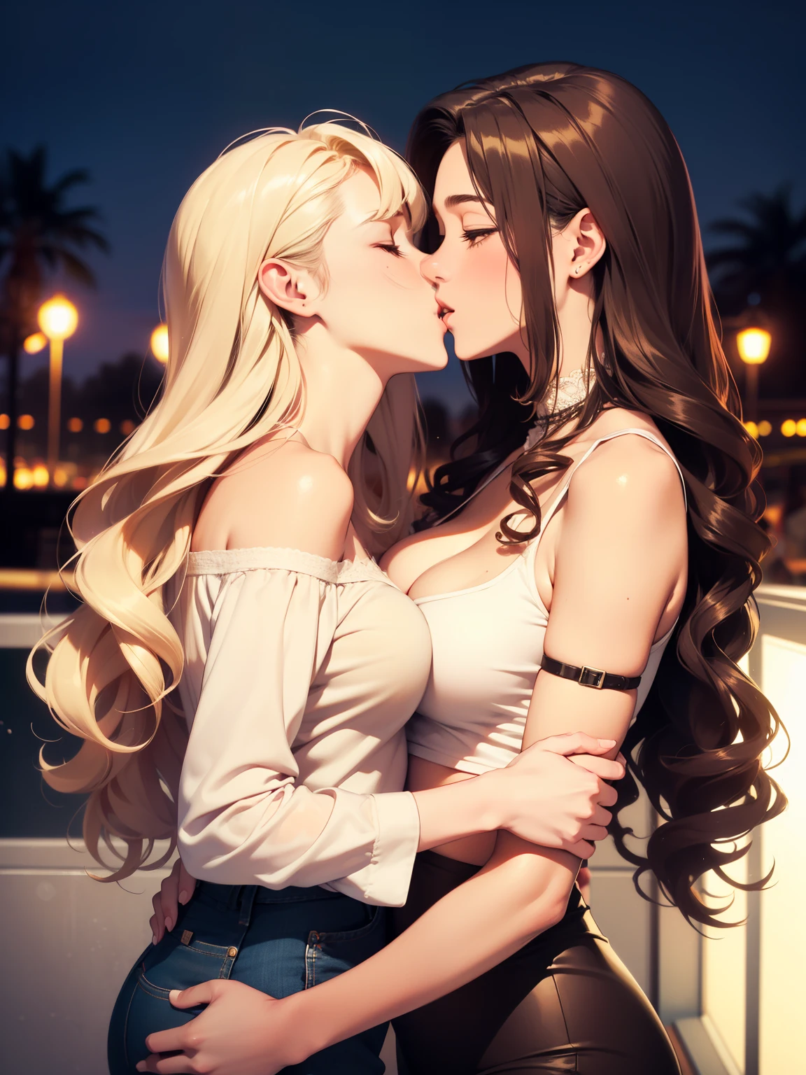 Female couple in amusement park at night(Inside the card box of the Ferris wheel)Bare back woman kissing woman in white shirt, (SFW) Work, kissing together cutely, Girl Love Art, OPPEIN, Side milk, Slightly saggy big breasts, small breasts, (((Extra long yellow curly hair))), (((Brown shoulder-length straight hair))), (girl love kiss), The mouth is very detailed,  (girl love hug), touch her clothes, touch her breasts, (Hands touching her breasts), SFW version