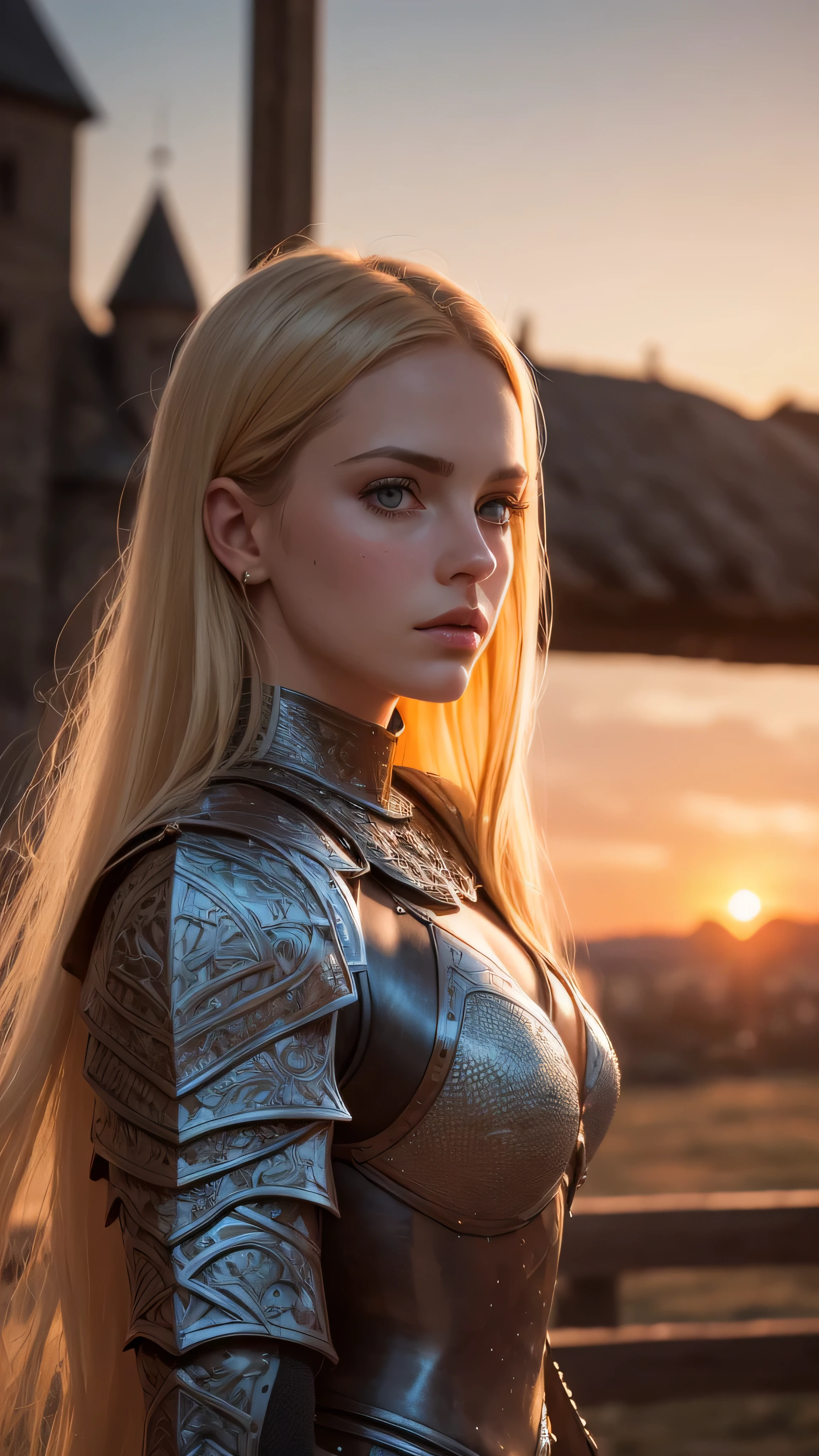 (masterpiece), (extremely intricate:1.3), (realistic), portrait of a girl, (medieval armor), metal reflections, upper body, outdoors, intense sunlight, far away castle, professional photograph of a stunning woman detailed, (long straight blonde hair), sharp focus, dramatic, award winning, cinematic lighting, , volumetrics dtx, (film grain, blurry background, blurry foreground, bokeh, depth of field, sunset, interaction, Perfectchainmail