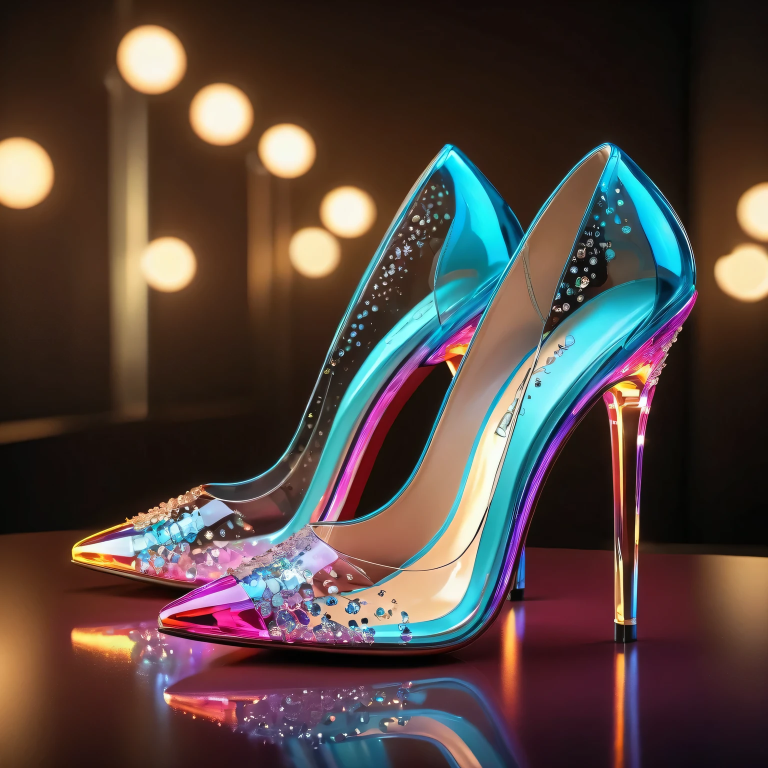 (luminescent,Glass) stilettos, (best quality,high resolution,lifelike:1.37), (bright,energetic) color, (detailed,crystal clear) Glass texture, (elegant,fashionable) design, (sharp focus,Ultra-fine details), (studio lighting,illumination)