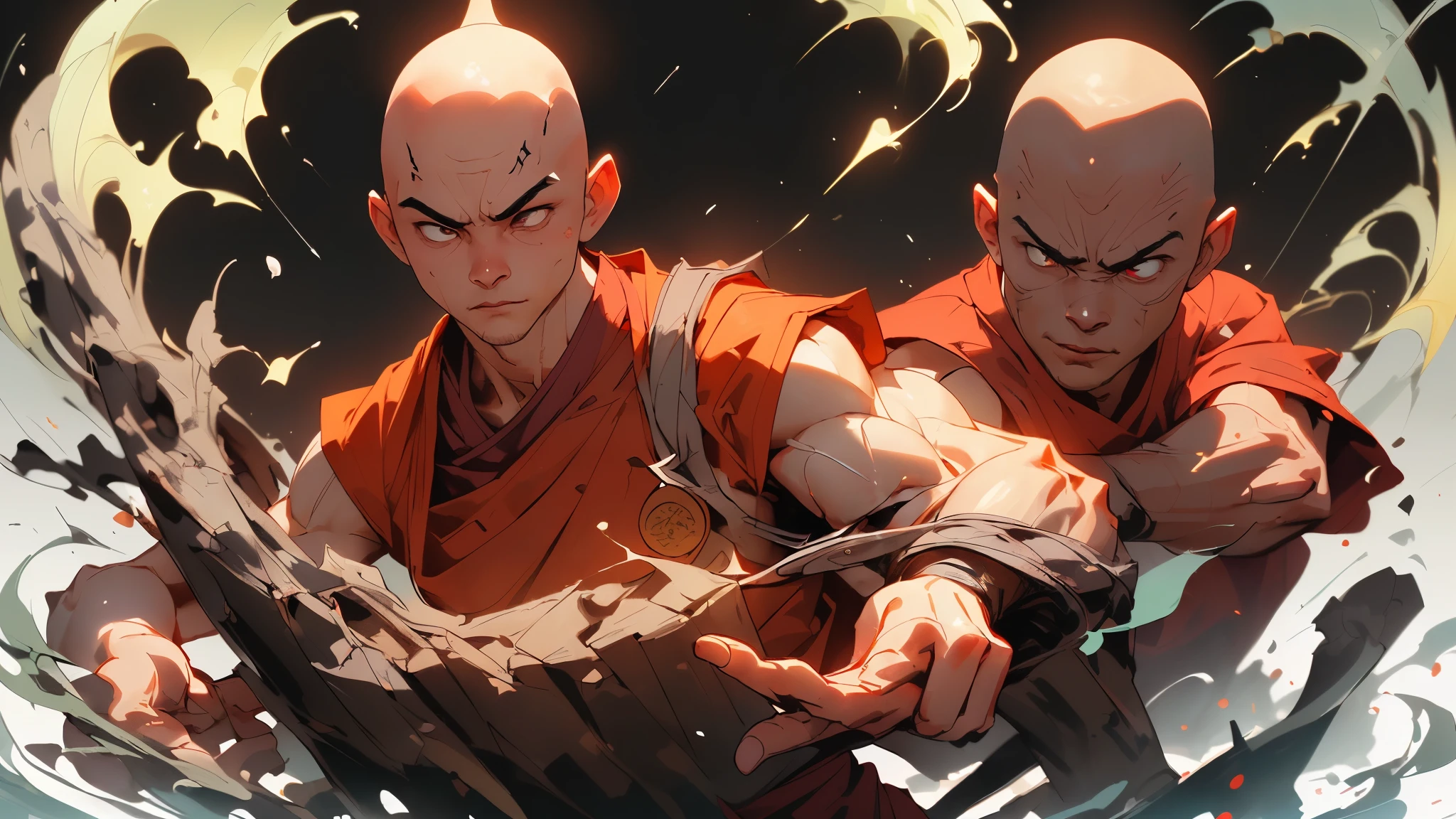 Handsome Shaolin monk、(((1 juvenile,bald-headed,buddhist monk,full bodyesbian,tear-mole:))),full bodyesbian,Chinese Kung Fu,Sharp eyes,Clear facial features,dressed white hanfu,The body is surrounded by purple mist,Runes surround you,Martial arts action,Holographic reality,holographic halo,dynamic blur,Game lighting effects,rim-light,Soft light,cinematic rim light,The light is delicate