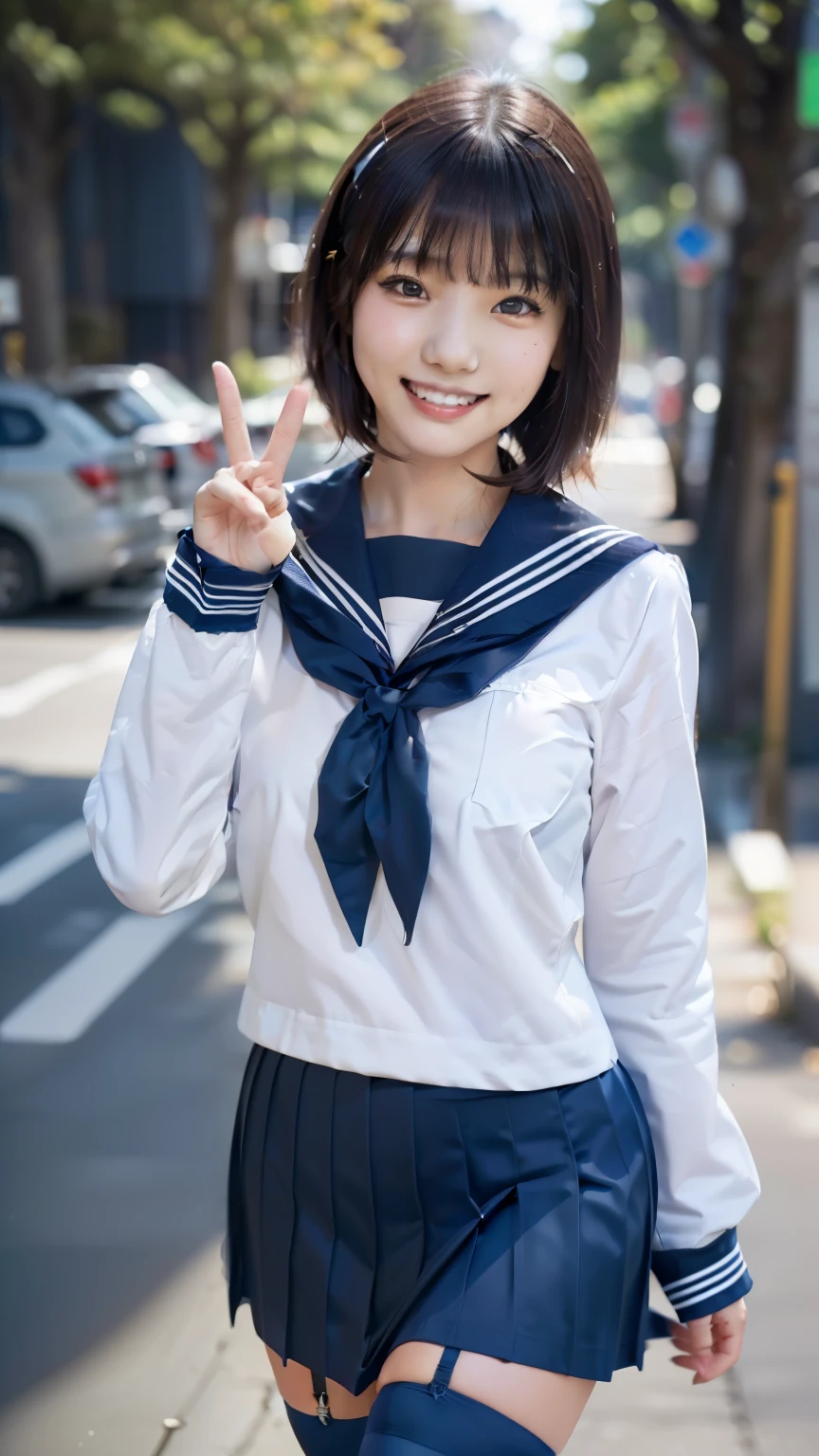 looking at viewer, sailor suit, one woman, (Beautiful woman, delicate :1.3), ((black hair)), ponytail tied with a ribbon, Bangs Patsun, (8k), (highest quality: 1.2), (realistic), (realistic: 1.37), (masterpiece), (ultra high resolution), (RAW photo), (absolute resolution), (((face small compared to body: 1.4))), (((small face:１.4))), balanced face, (small mouth: 1.4), ((slender female body: 1.4)), long neck, black hair, (((navy blueセーラー服))), (((long sleeve セーラー服))), (((navy blue skirt))), ((3-line sailor suit,)) realistic女子高生, (((white headband))), (((small breasts))), light blue eyes, (street tree), blurry, full body, standing, (((black stockings))), (black garter belt), black loafers, Girl Pose, peace sign, toothy grin,