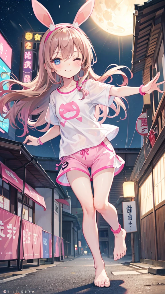 a cute 7 year old christian girl named Bella, long wavy hair, night time, light brown hair, well lit bustling city in Japan, joyful, slight smile, eyes closed, running , white/pink short sleeved tshirt, tight fitting pink shorts, wristbands, barefoot, running, winking, slight rain, hand details, feet details, wearing no shoes, very skinny, cute blue eyes, winking, pink hairband with pink bunny ears, freckles, anklebands