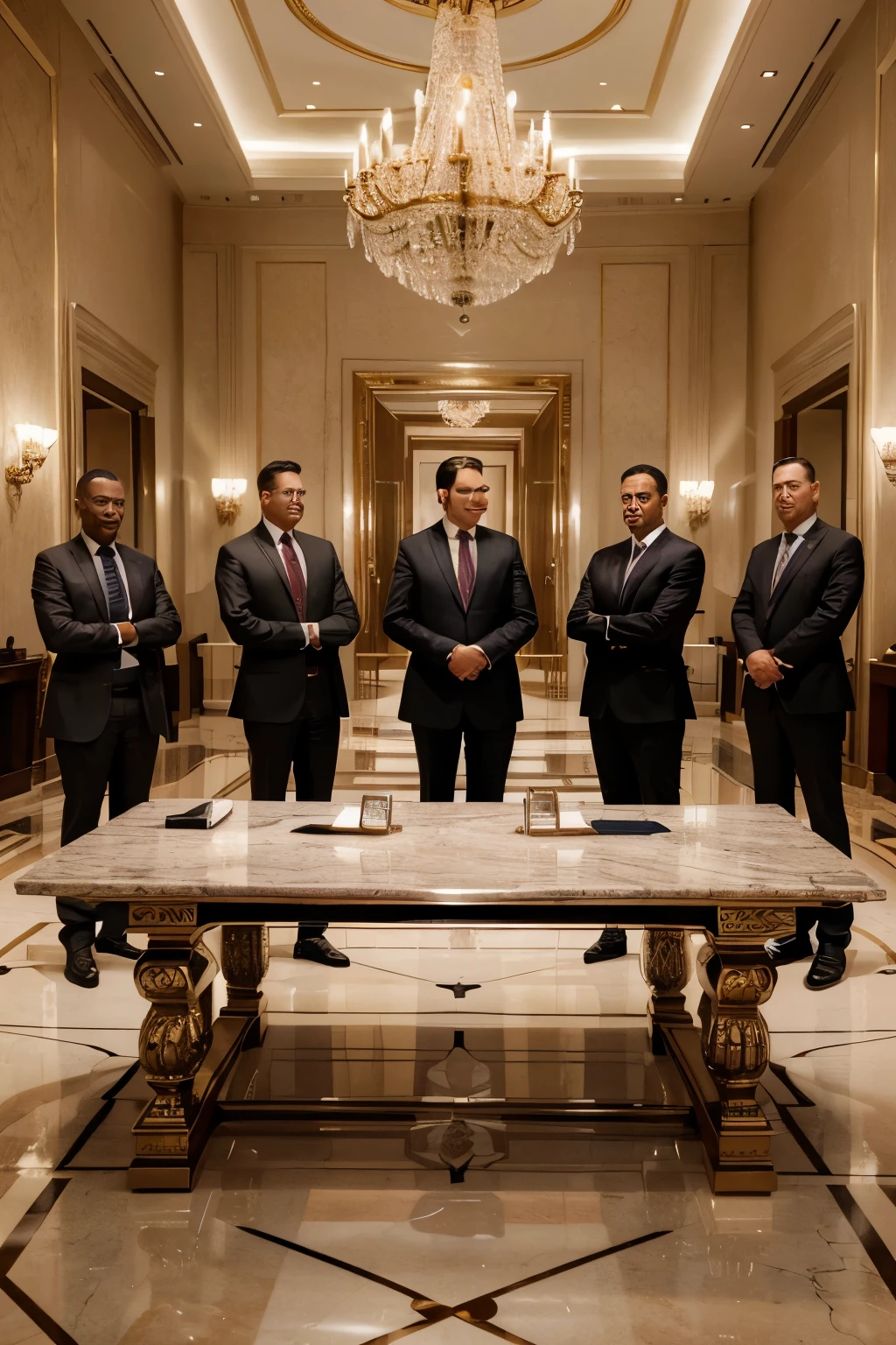 a meeting of powerful oligarchs and businessmen in a secret location, discussing important matters. The room is filled with opulence and luxury, with extravagant chandeliers hanging from the ceiling, glistening marble floors, and intricately carved wooden furniture. The businessmen are dressed in tailored suits, exuding an air of authority and confidence. The atmosphere is tense, as they engage in intense negotiations and strategic discussions. The room is well-guarded, with multiple security personnel stationed around the perimeter. The meeting is shrouded in secrecy, with confidentiality agreements signed and strict protocols followed. The powerful people in attendance exert their influence and shape the destiny of nations. The scene is captured in high resolution, with every detail meticulously depicted, from the fine lines on the businessmen's faces to the reflections in their polished shoes. The color tone of the image is rich and vibrant, accentuating the sophistication and grandeur of the setting. The lighting is dramatic, casting shadows that further enhance the aura of power and secrecy. This masterpiece of artwork portrays a moment of great importance and captures the essence of the powerful world of business and politics.