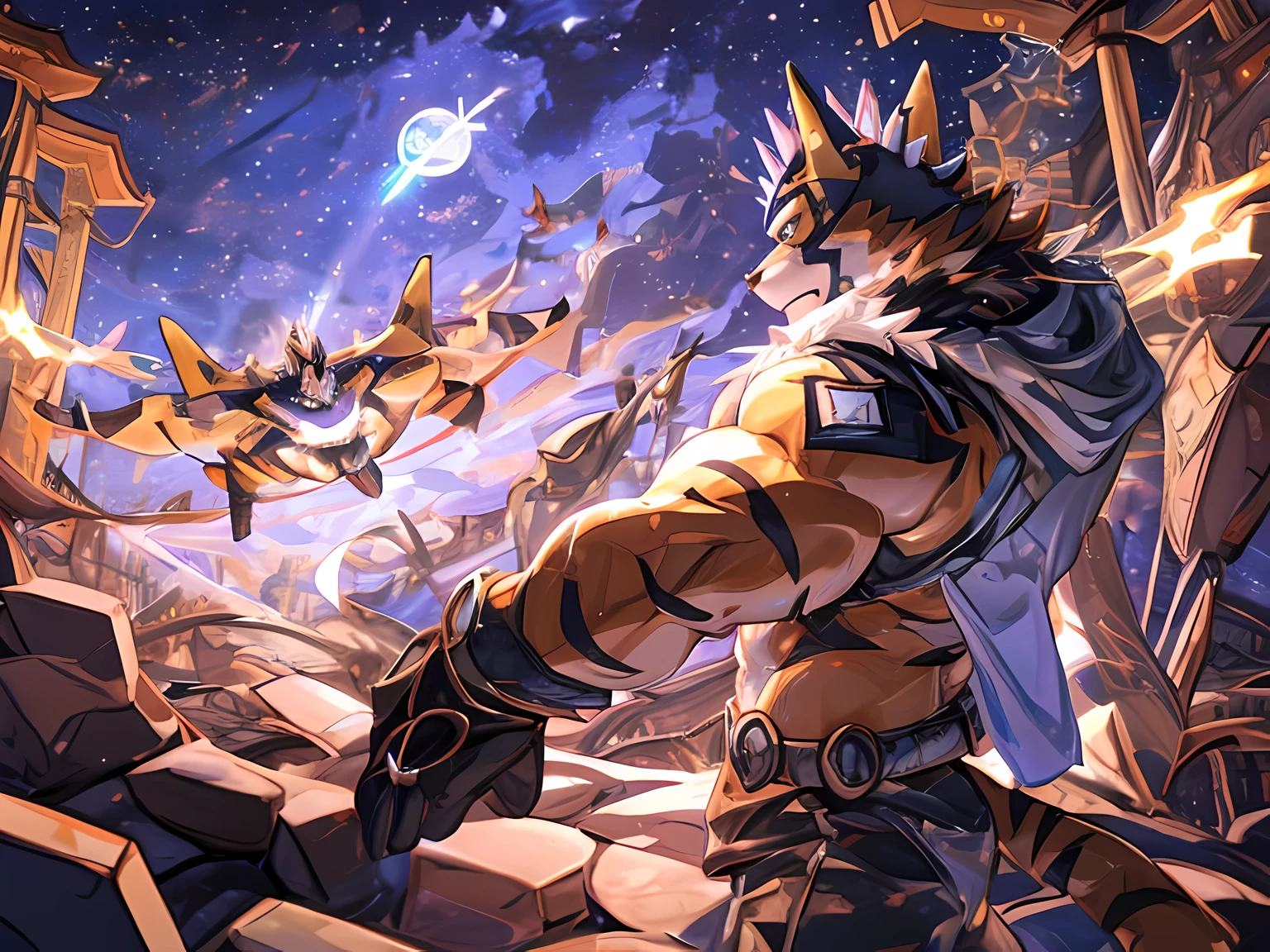 Anthropomorphic, (Duo), Ryekie, Single, Male, Muscle, Lonely, 45 years old, in King clothes, airplanes ship, Perfect scaling, Masterpiece, High Definition, Best Drawing, Illustration, By ZiXiong_, Beautiful Atmosphere, battle, Fighting the Villains, Magic, (Fierce battle), Heroes, Villain, Chaos, War